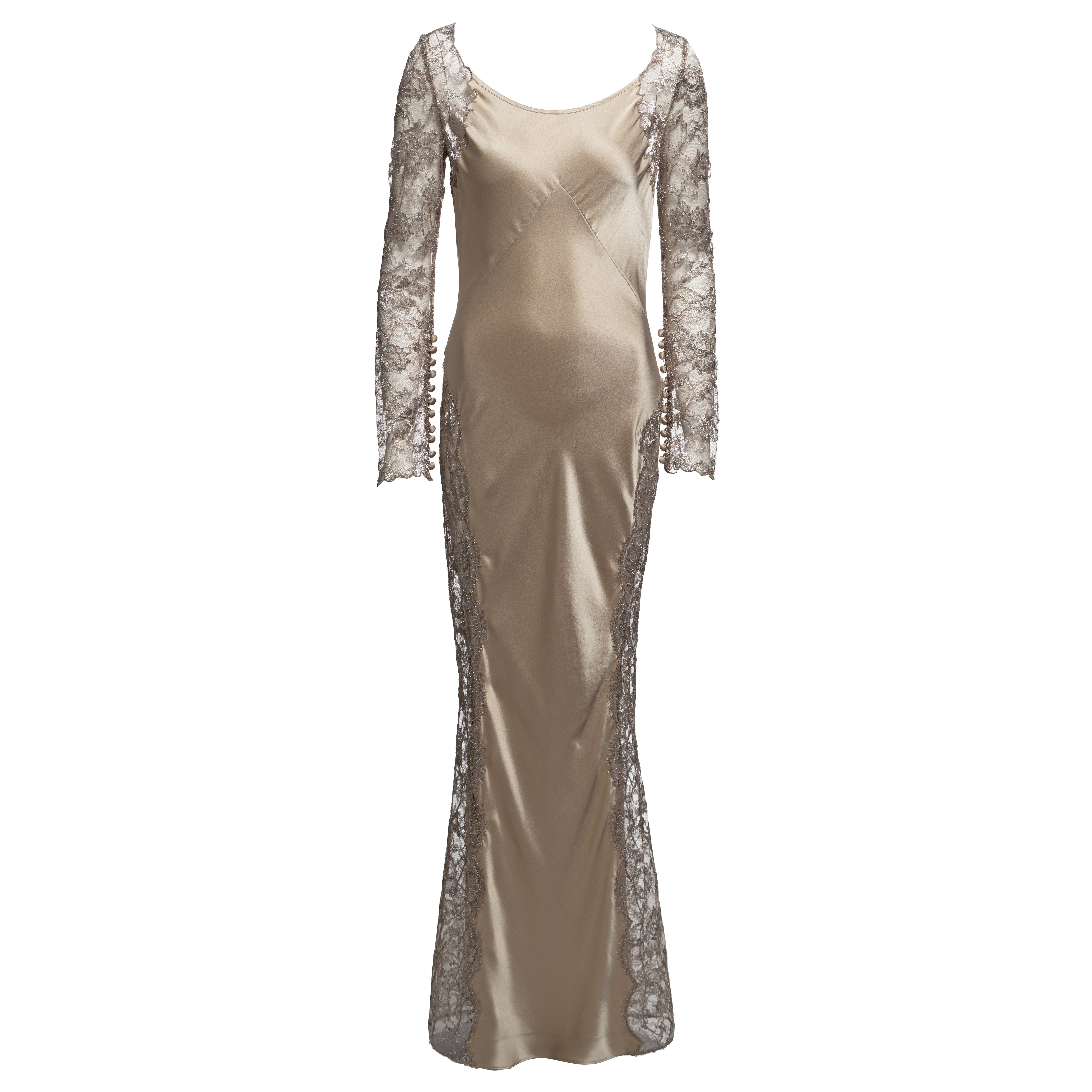 Richard Tyler Champán Seda Cortada al Bies Con Encaje Lamé Metálico, SS 1995 en venta