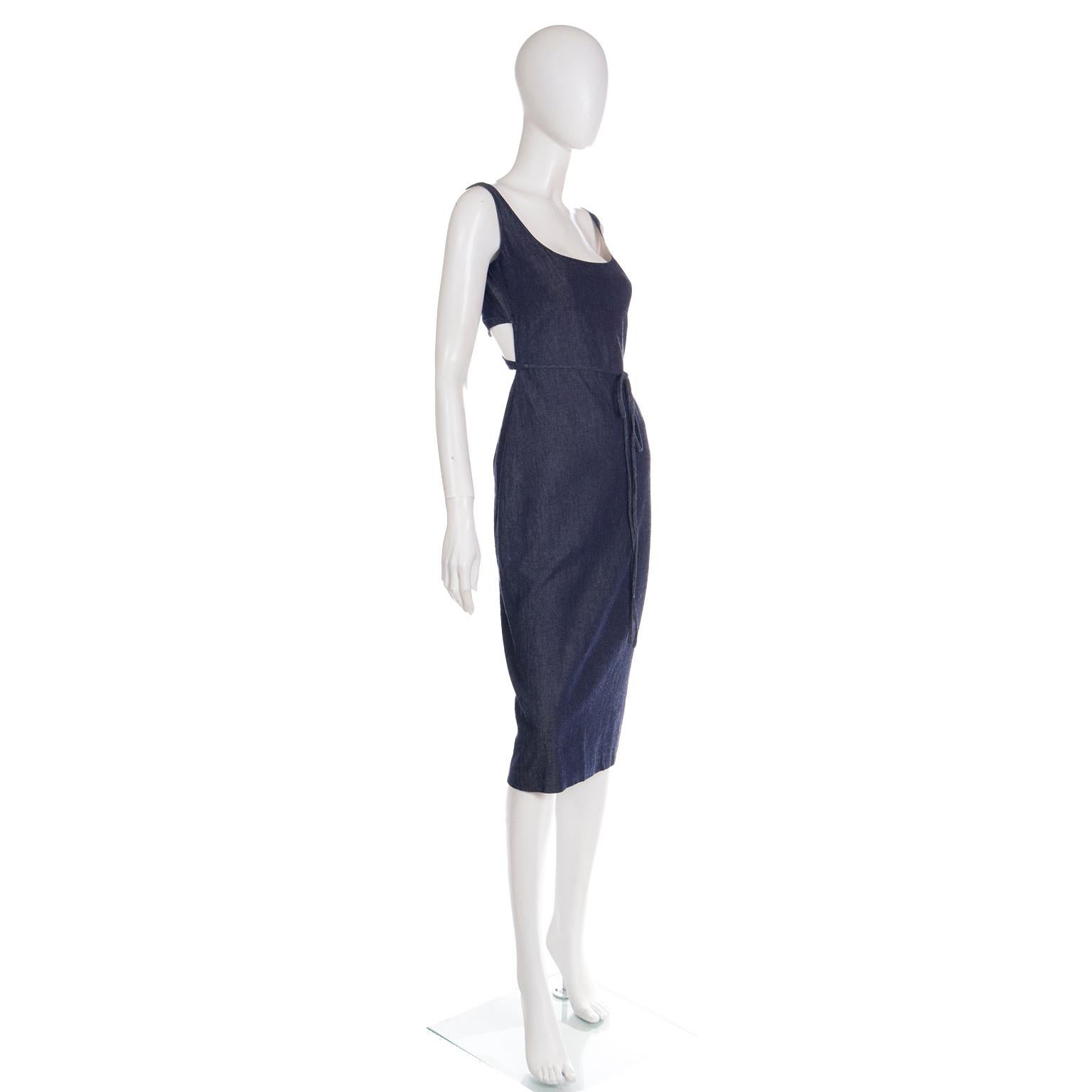 Black Richard Tyler Collection Vintage Blue Denim Wrap Dress With Open Back