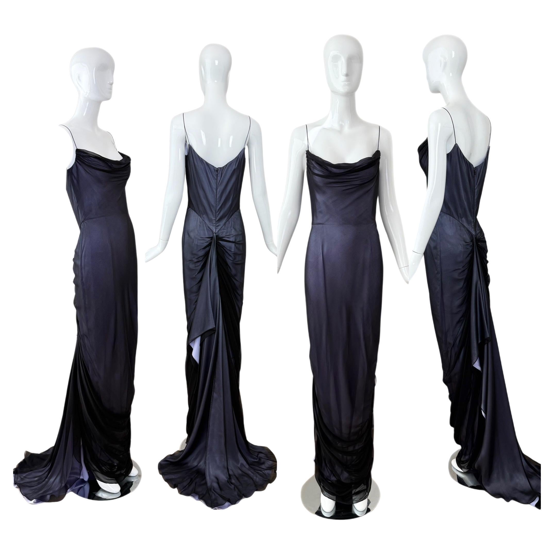 RICHARD TYLER COUTURE 
00 Vintage Black + Lilac Silk Boned Gown w. Bustle For Sale