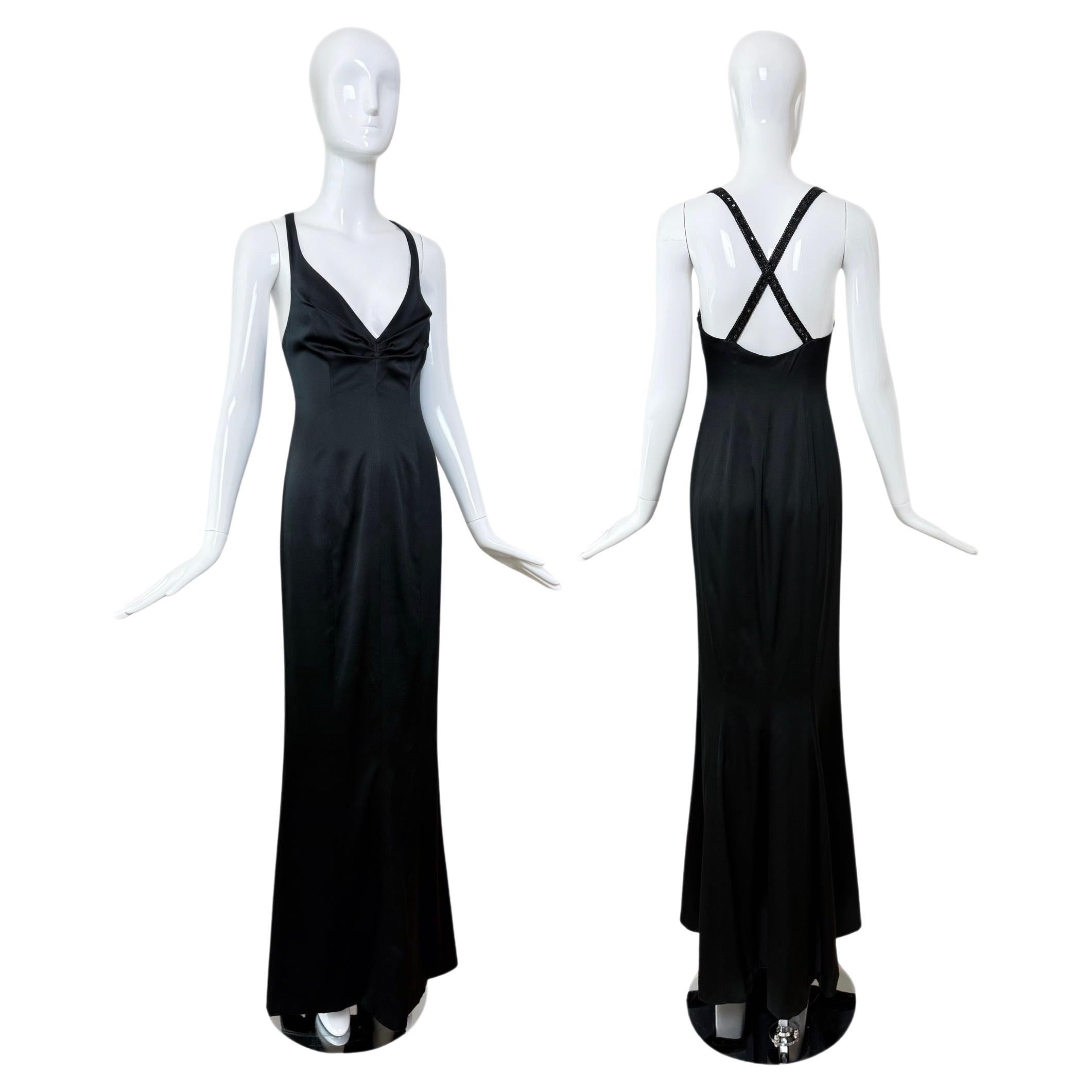 RICHARD TYLER COUTURE 1995 Vintage Runway Black Silk Beaded Evening Gown