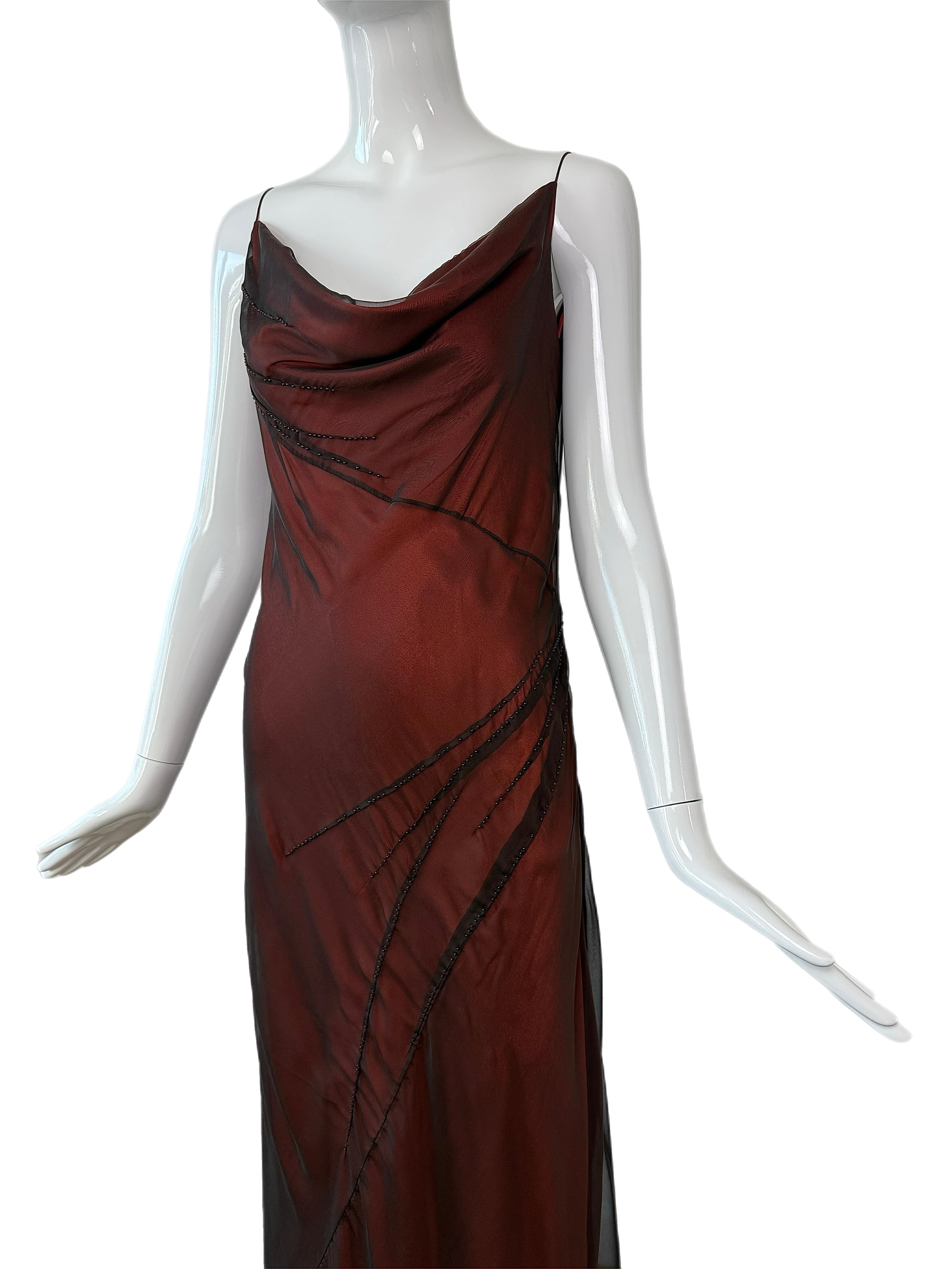 Richard Tyler Couture 90's Vintage Silk Black + Orange Gown w. Perles de verre Maxi en vente 3