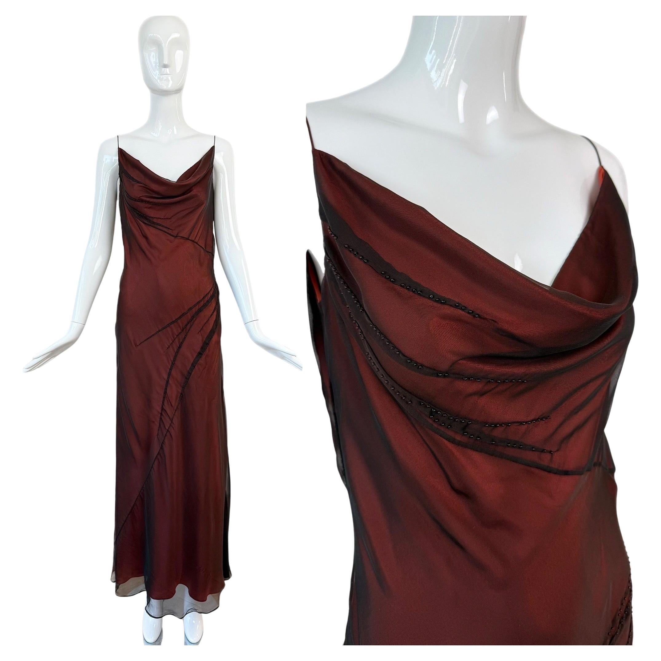 Richard Tyler Couture 90's Vintage Silk Black + Orange Gown w. Perles de verre Maxi en vente