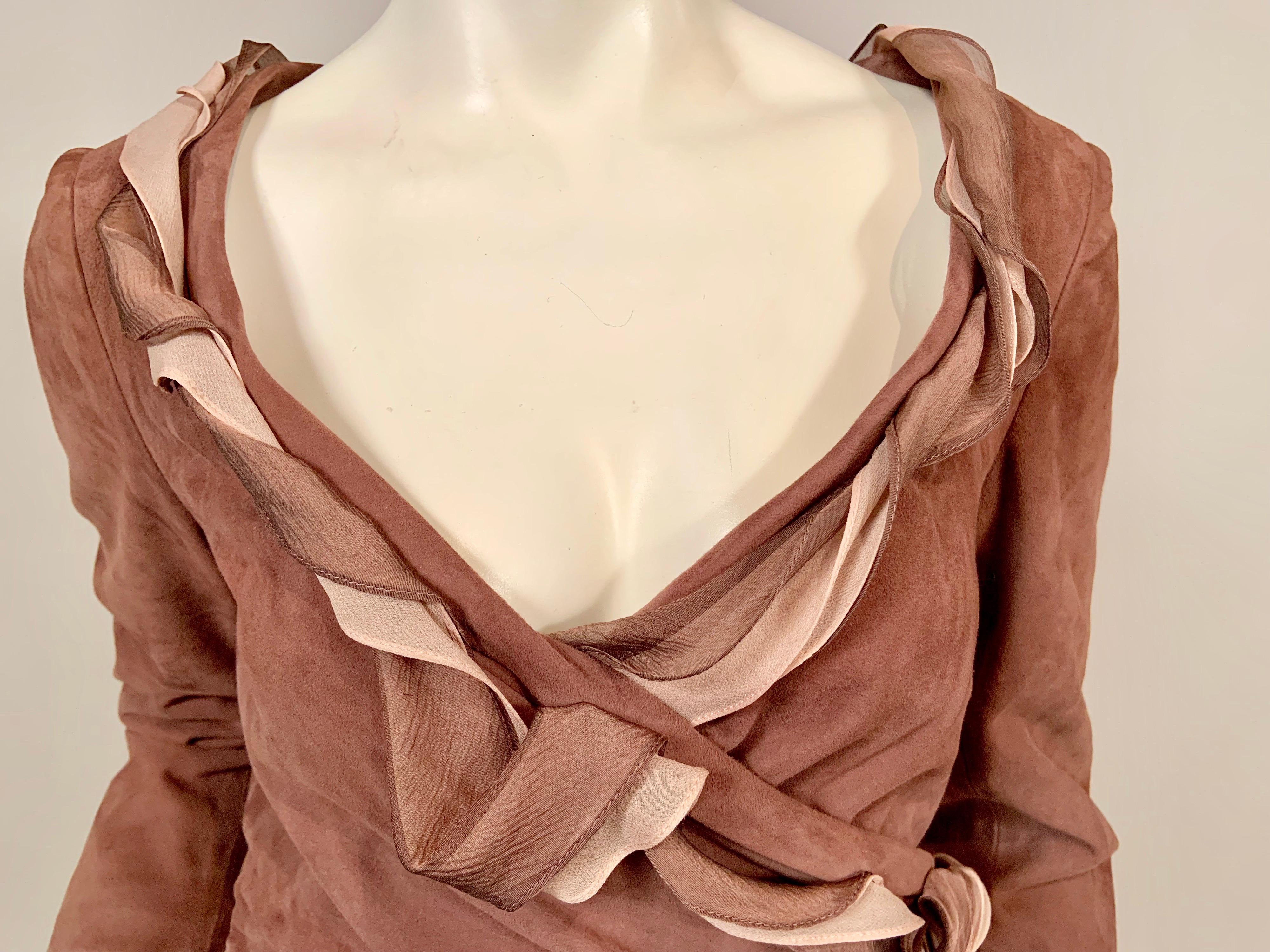 Purple Richard Tyler Couture Mauve Suede Dress with Mauve and Pink Silk Chiffon Trim