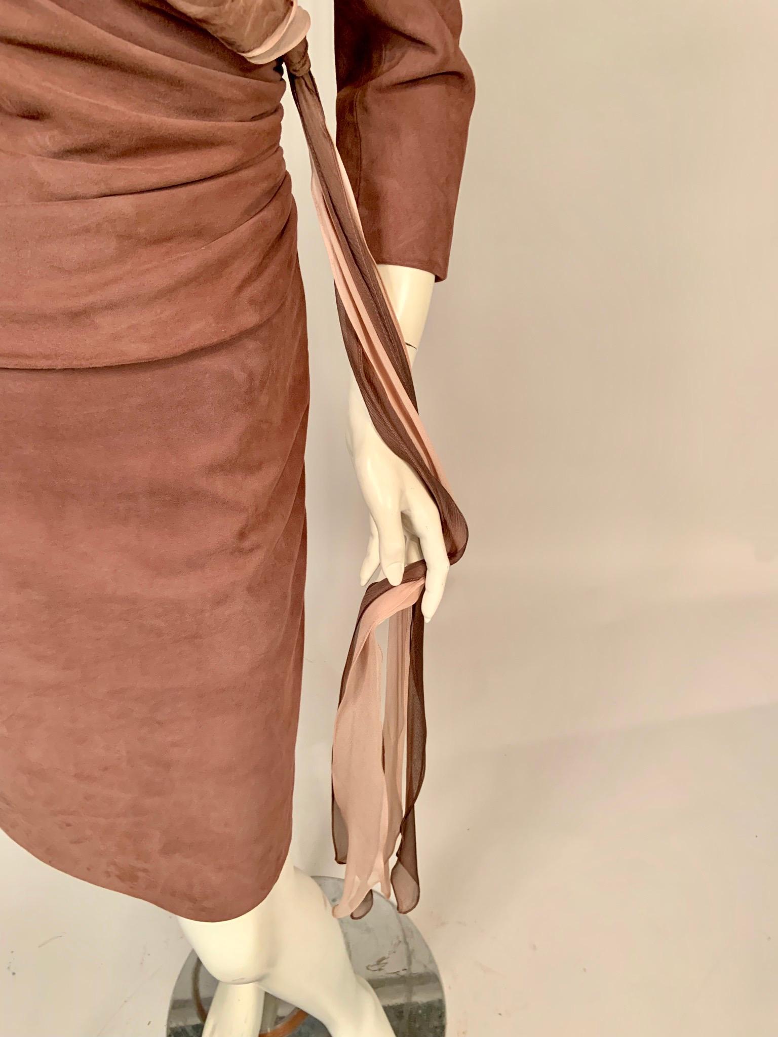 Richard Tyler Couture Mauve Suede Dress with Mauve and Pink Silk Chiffon Trim In Excellent Condition In New Hope, PA