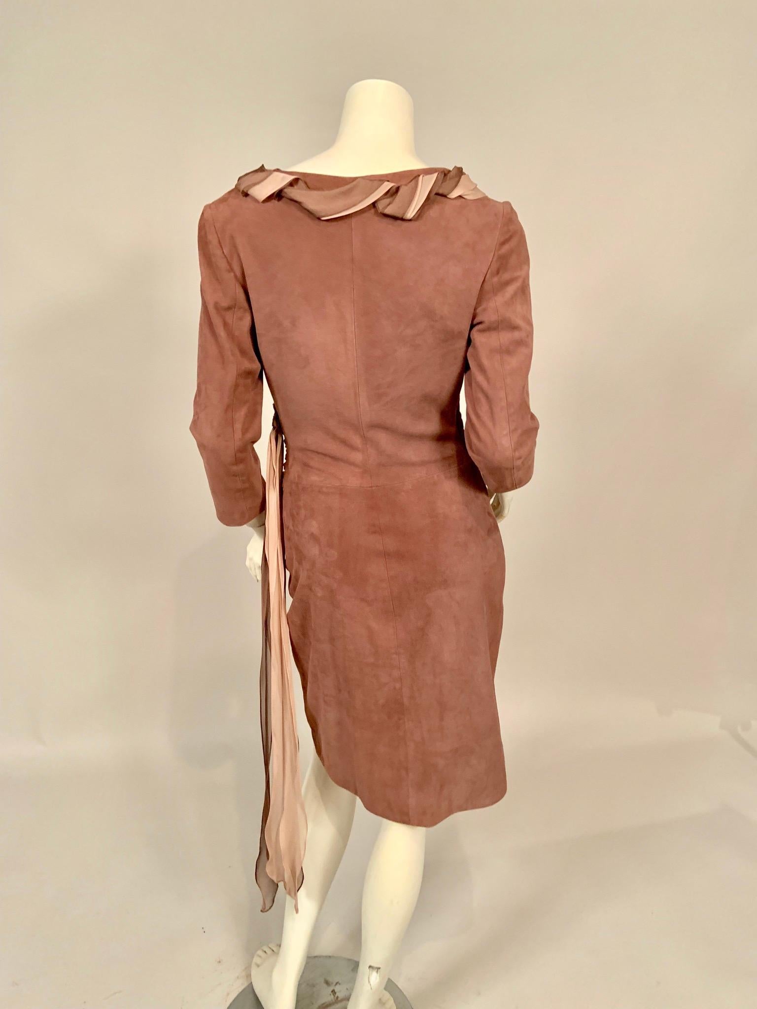 Richard Tyler Couture Mauve Suede Dress with Mauve and Pink Silk Chiffon Trim For Sale 1