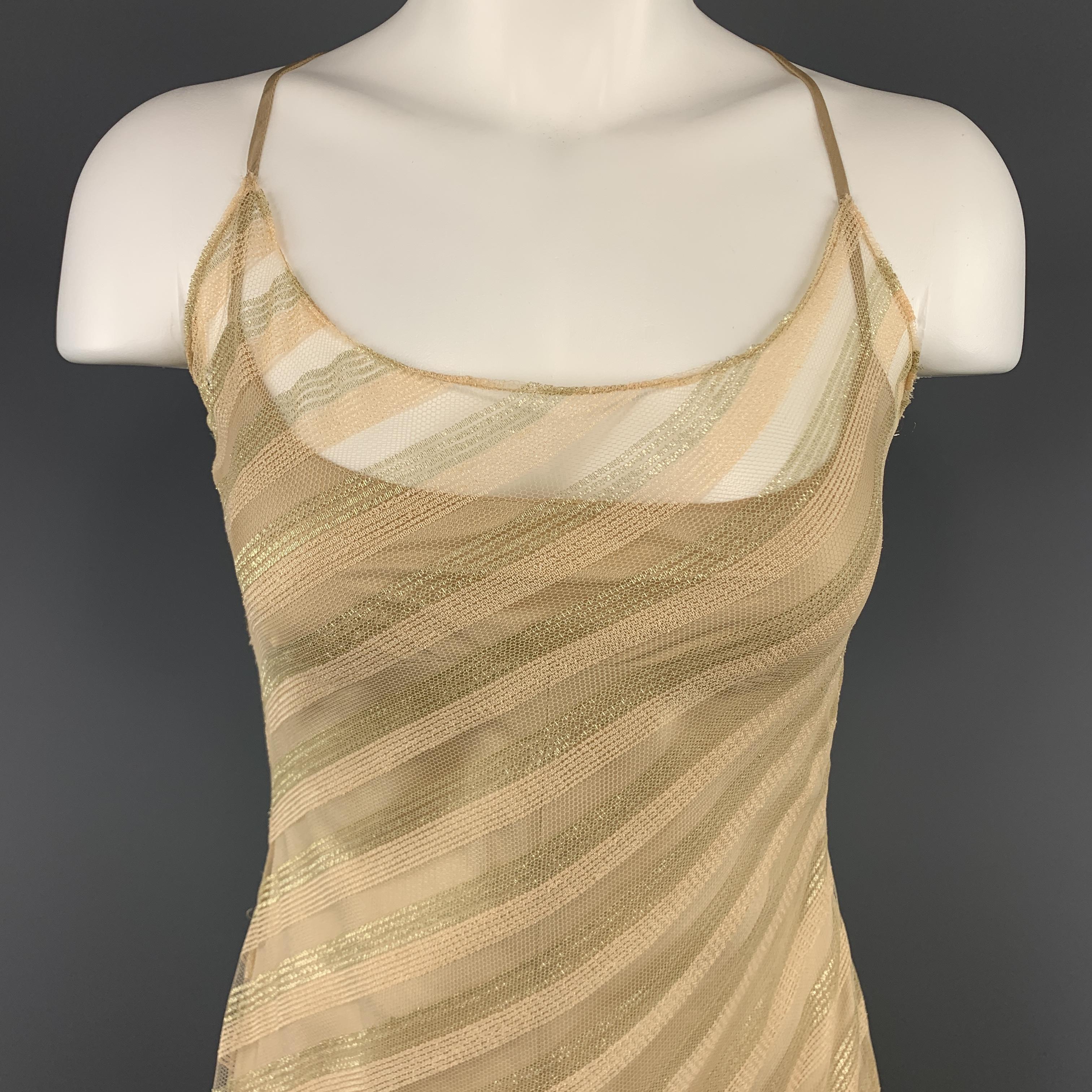 RICHARD TYLER slip style dress comes in beige silk chiffon with a metallic diagonal striped overlay and cross straps. Made in USA.

Excellent Pre-Owned Condition.
Marked: 6

Measurements:

Bust: 34 in.
Waist: 29 in.
Hip: 38 in.
Length: 44 in.