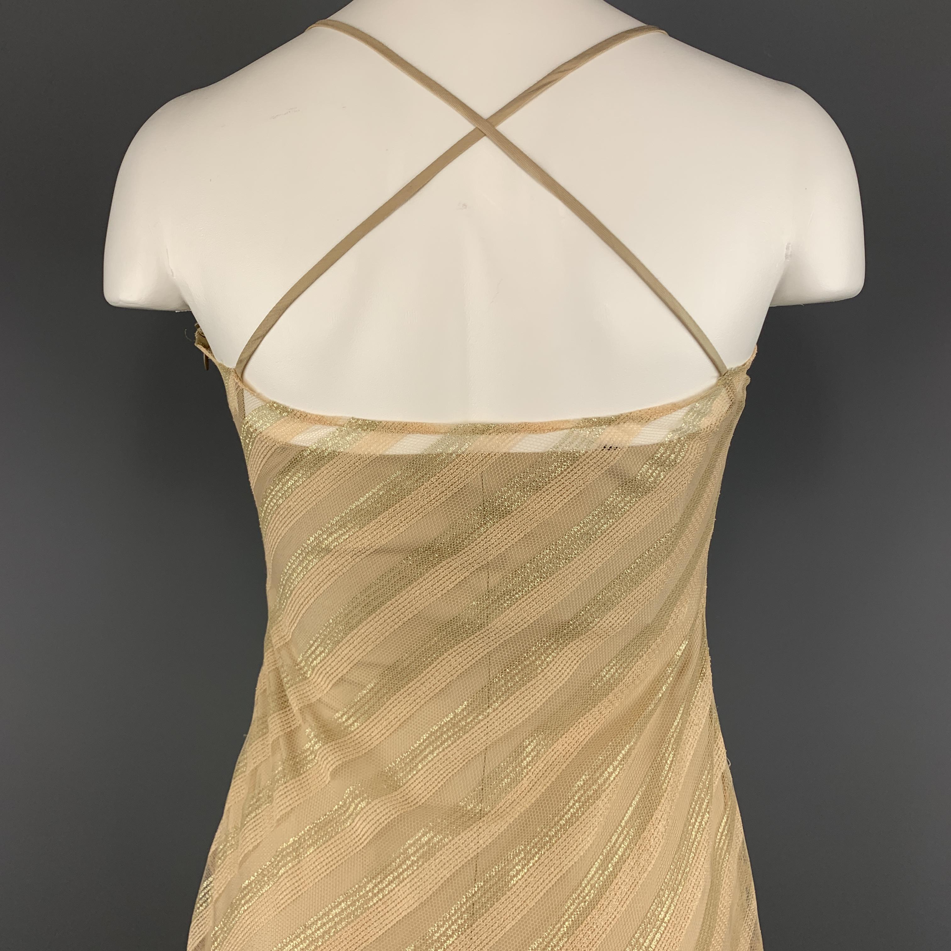 RICHARD TYLER Size 6 Gold Diagonal Striped Mesh Overlay Slip Dress In Excellent Condition In San Francisco, CA