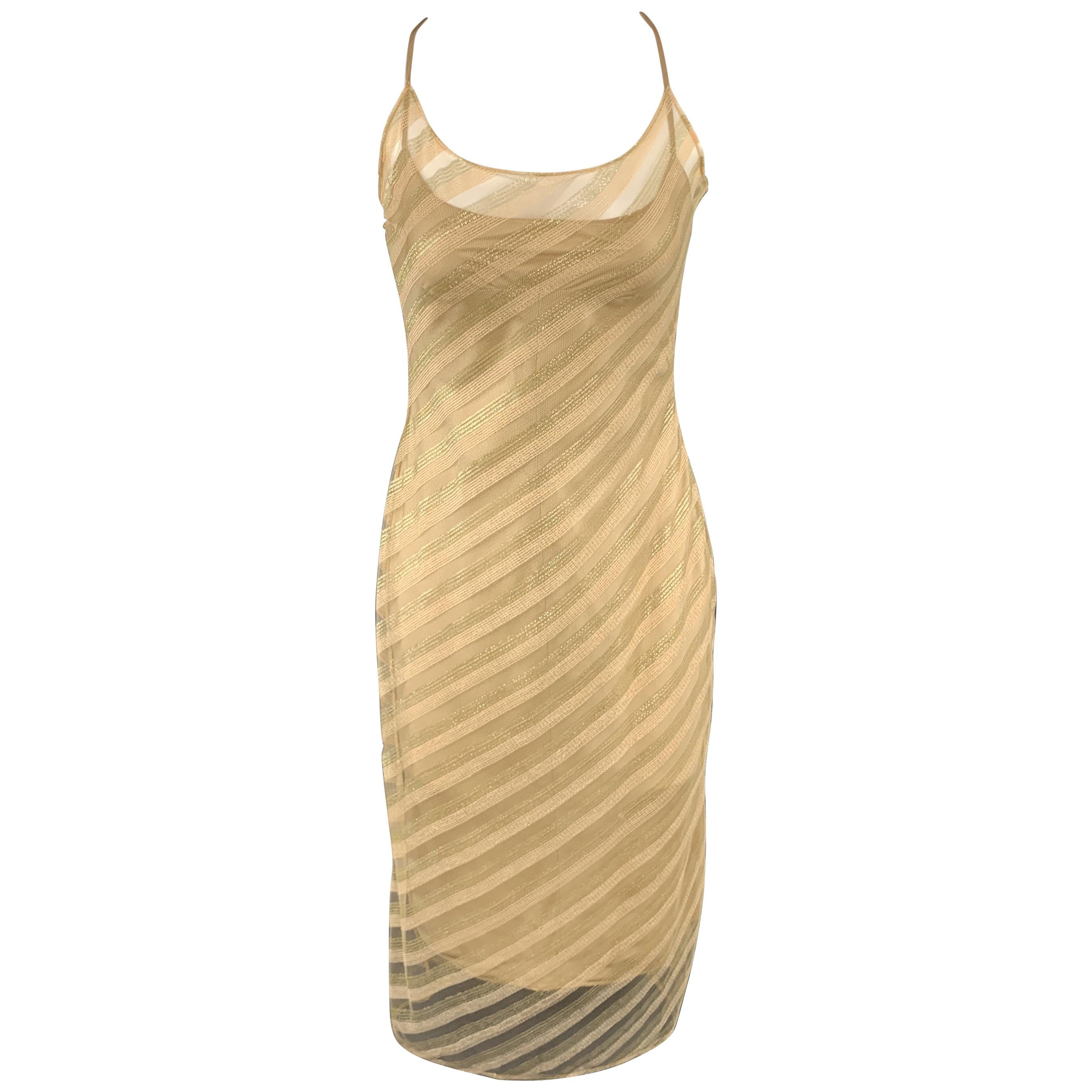 RICHARD TYLER Size 6 Gold Diagonal Striped Mesh Overlay Slip Dress