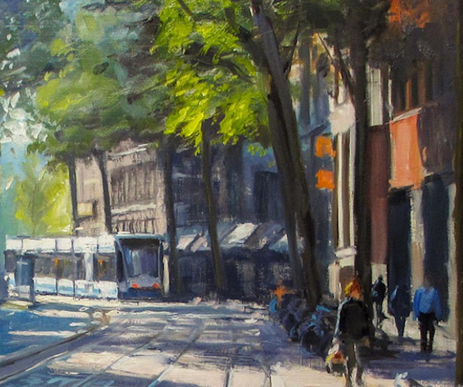 ''Amsterdam'' Contemporary Impressionistic Painting of Amsterdam, Netherlands - Gray Figurative Painting by Richard van Mensvoort