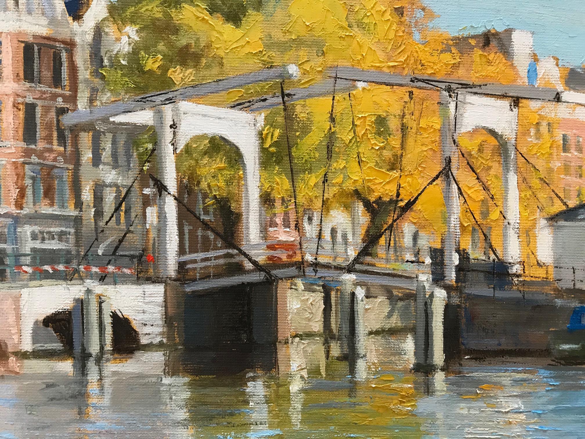 ''Bridges, Boats and Trees'' Contemporary Impressionistic Painting of Amsterdam - Brown Figurative Painting by Richard van Mensvoort