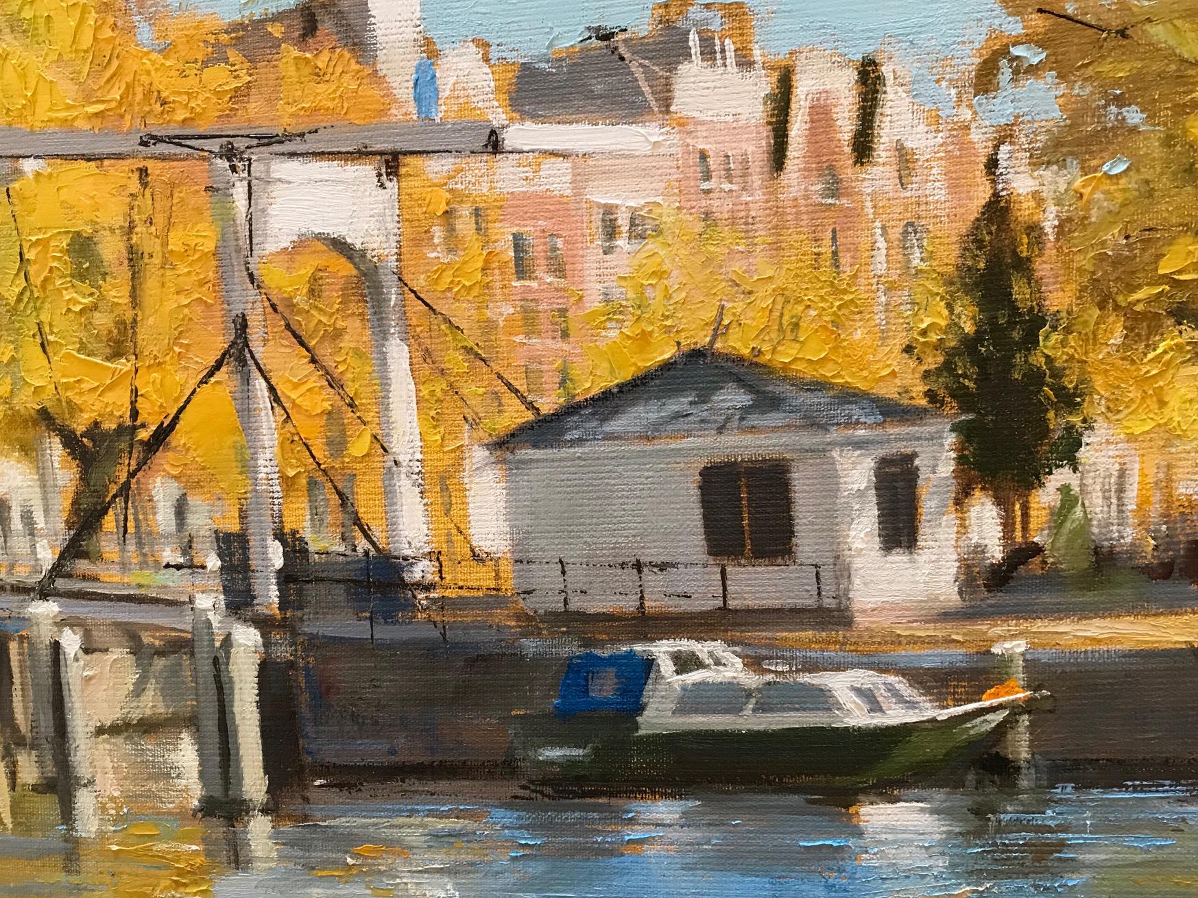 ''Bridges, Boats and Trees'' Contemporary Impressionistic Painting of Amsterdam 1