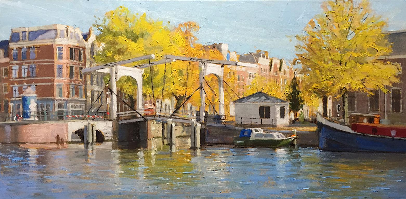 Richard van Mensvoort Figurative Painting - ''Bridges, Boats and Trees'' Contemporary Impressionistic Painting of Amsterdam
