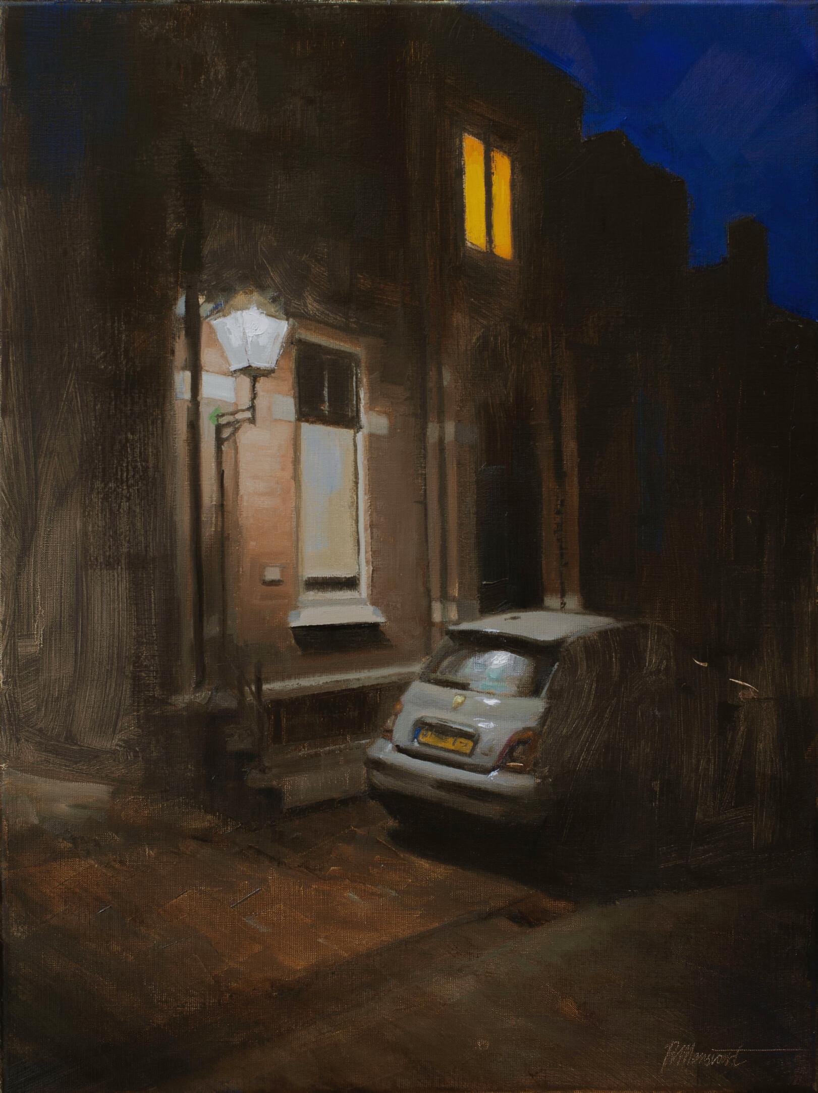 Richard van Mensvoort Figurative Painting - Dark I - 21st Century Contemporary Oil Painting of a Car at a House at Night