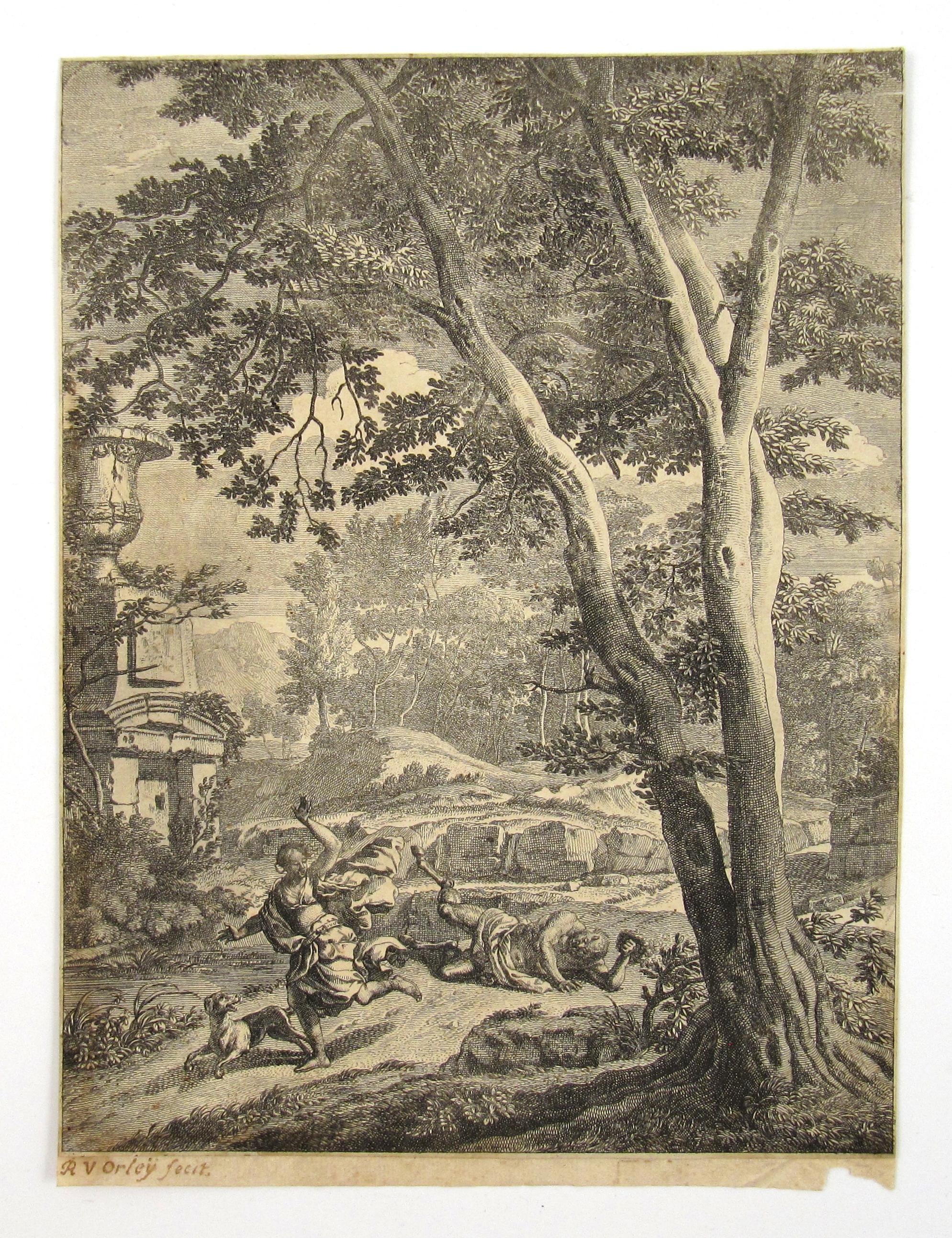 Corsica on the Run from the lustful Satyr - 17/18thC Engraving - Il pastor fido - Print by Richard van Orley (II)