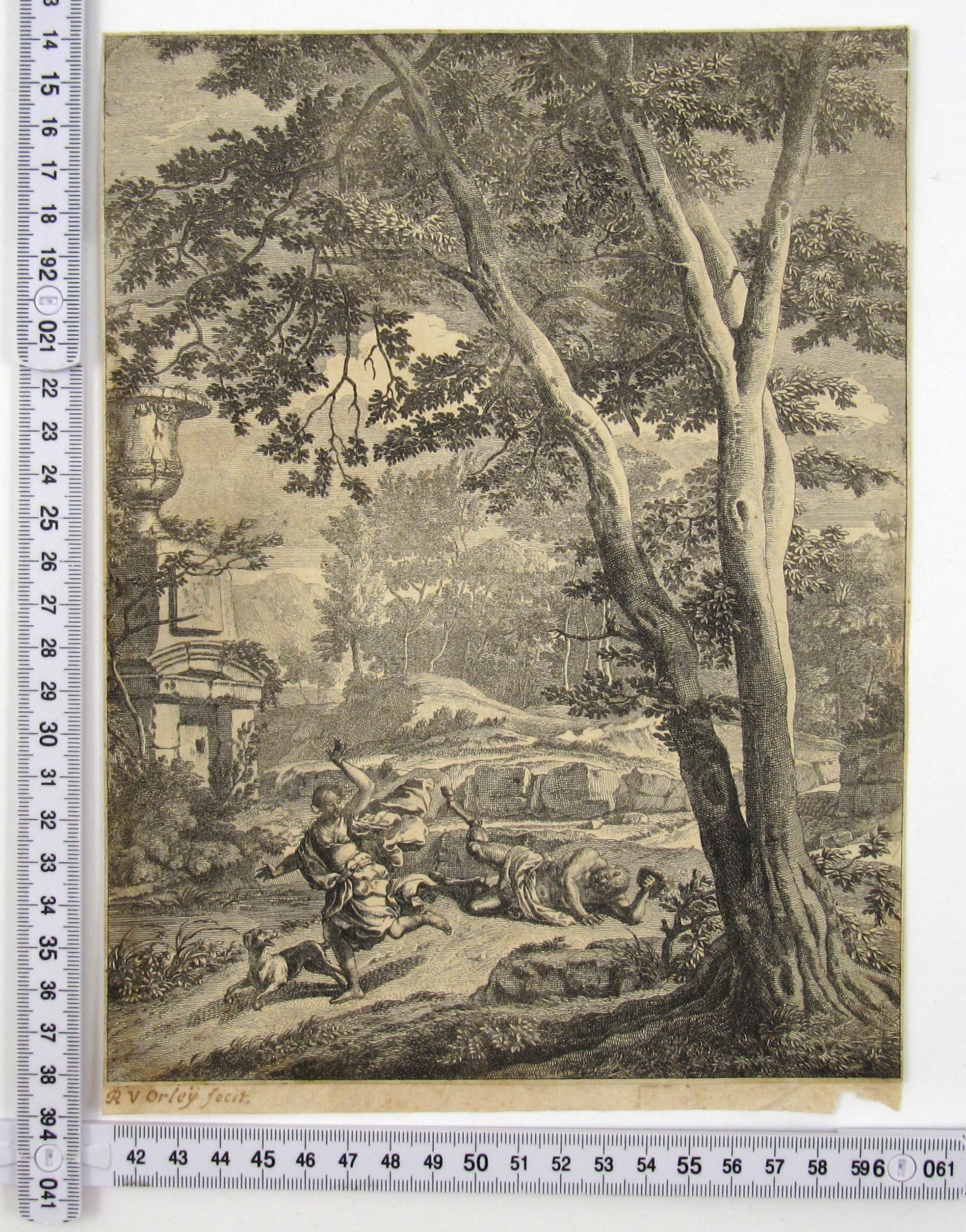 Corsica on the Run from the lustful Satyr - 17/18thC Engraving - Il pastor fido - Brown Figurative Print by Richard van Orley (II)