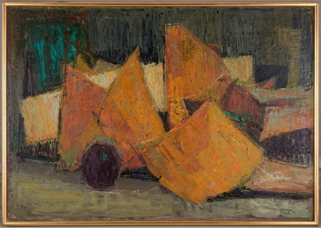 Richard Vilhelm Petersen (geboren 1914), dänischer Künstler. 
Öl auf Leinwand.
Abstrakte Zusammensetzung.
Titel: 