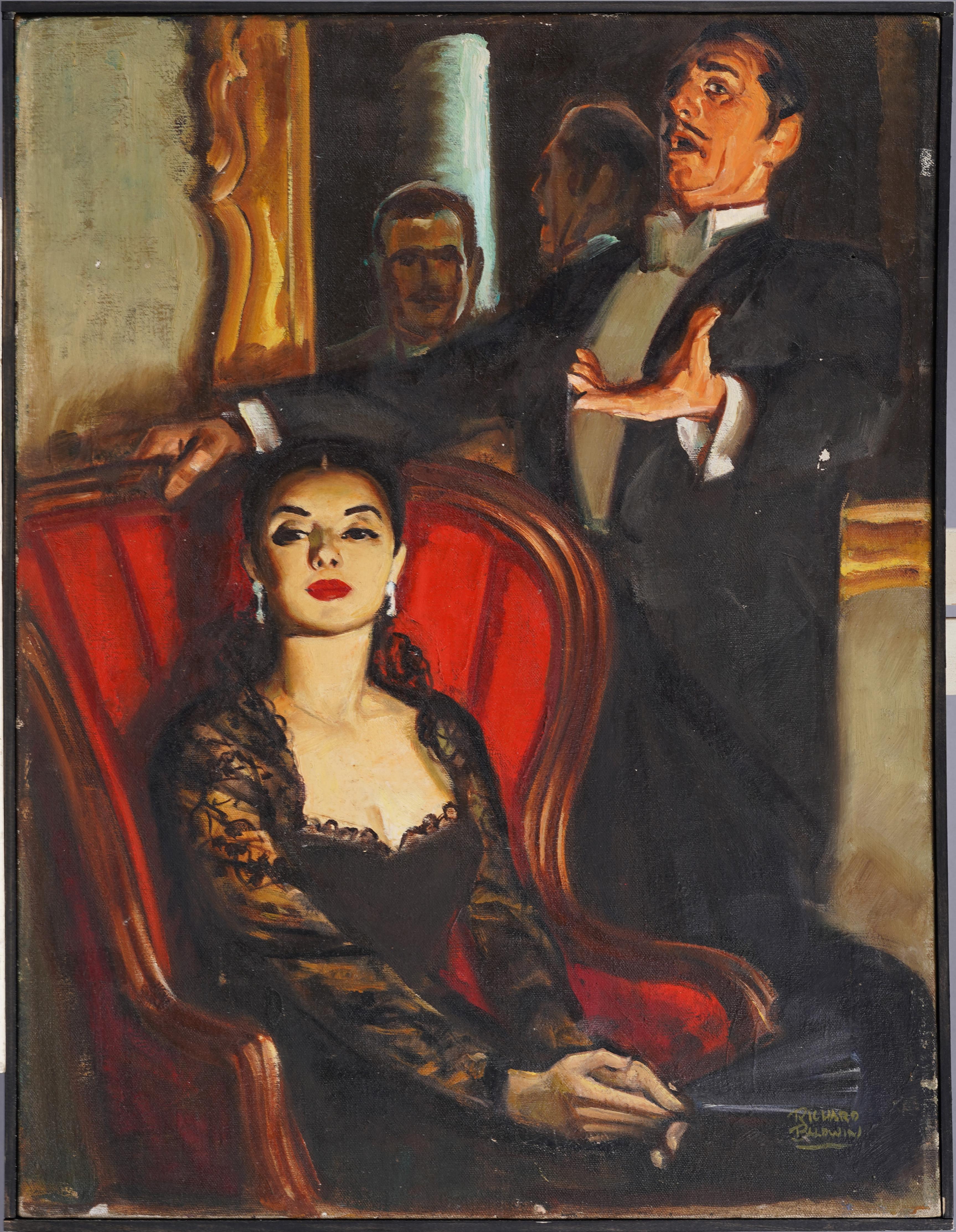 Antique American Opera Scene Signed Rare Illustration Framed Genre Oil Painting - Black Portrait Painting by Richard W. Baldwin