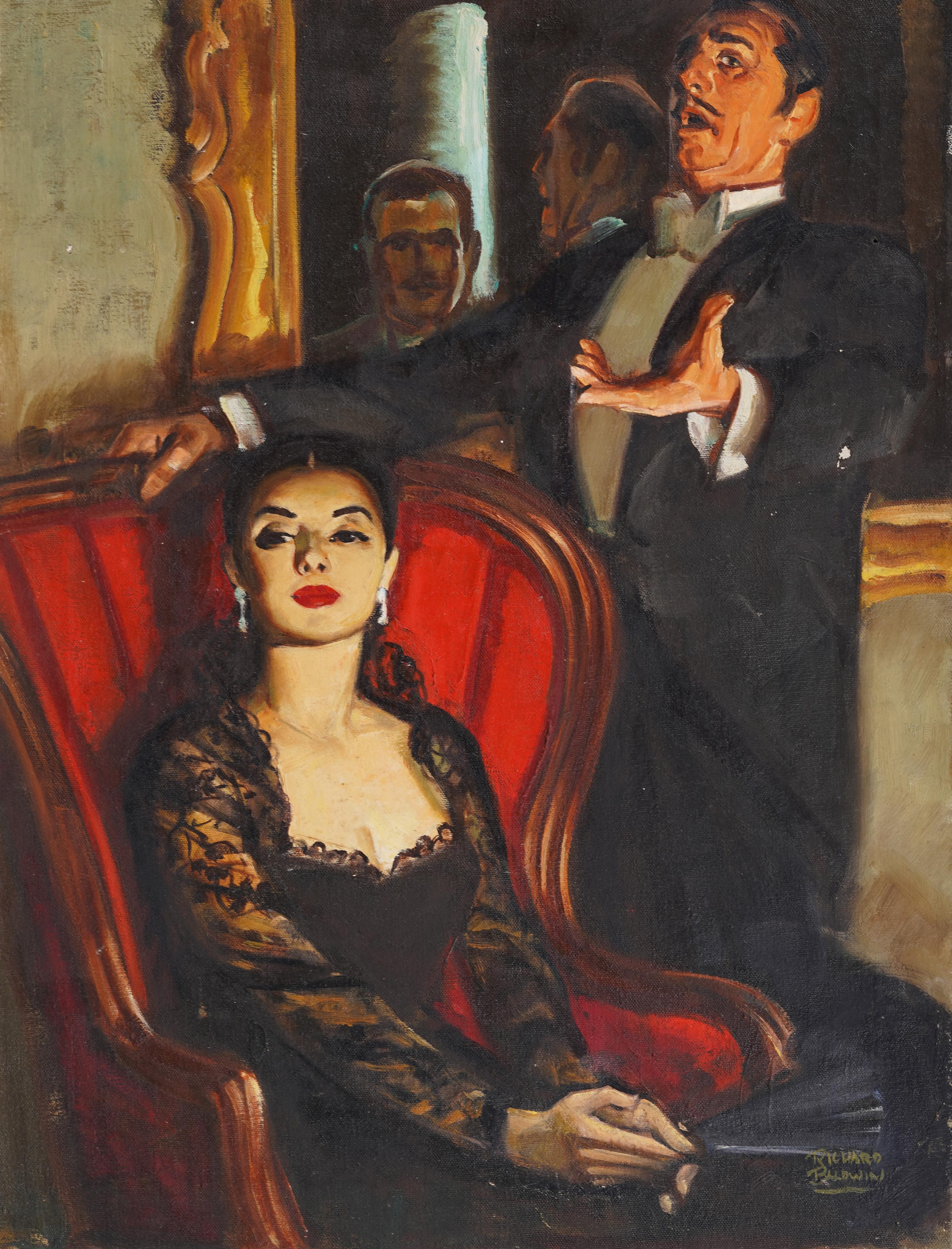 Incredible early American illustration of an opera scene by Richard W. Baldwin (1920 - 2012) .   Oil on canvas.  Framed.  Signed.  