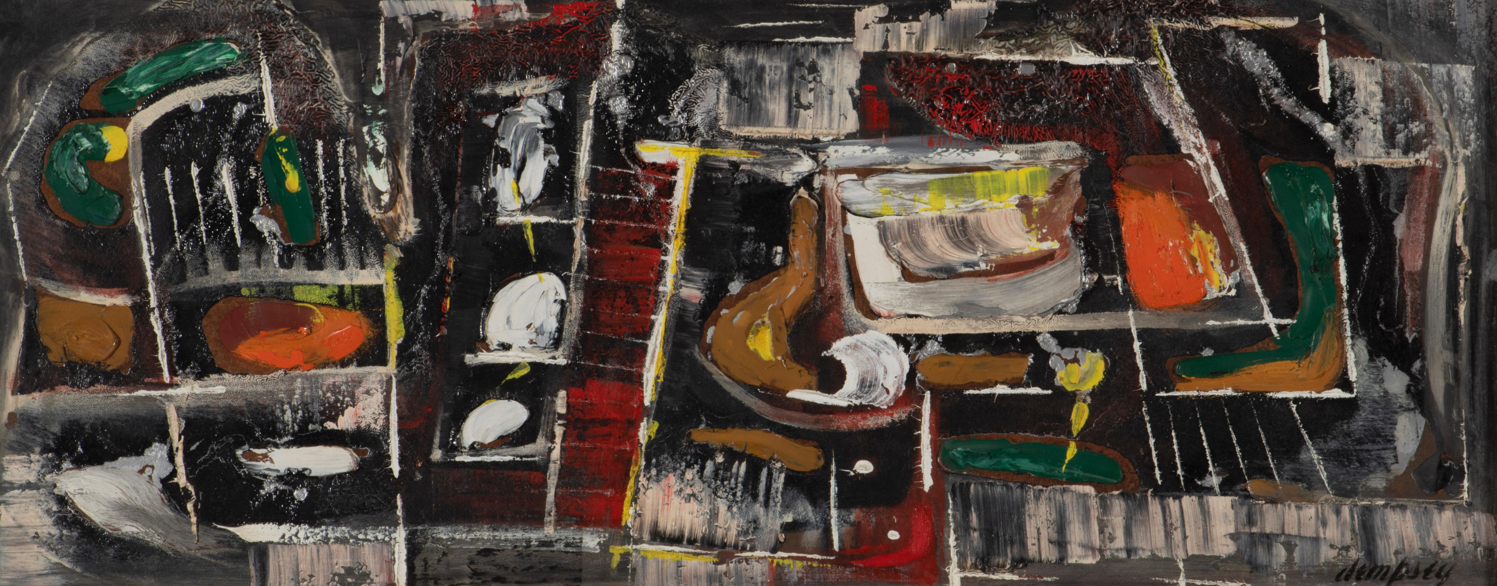 A pair of abstract modern paintings by Richard W. Dempsey (1909 - 1987). Paintings are oil on masonite and signed 