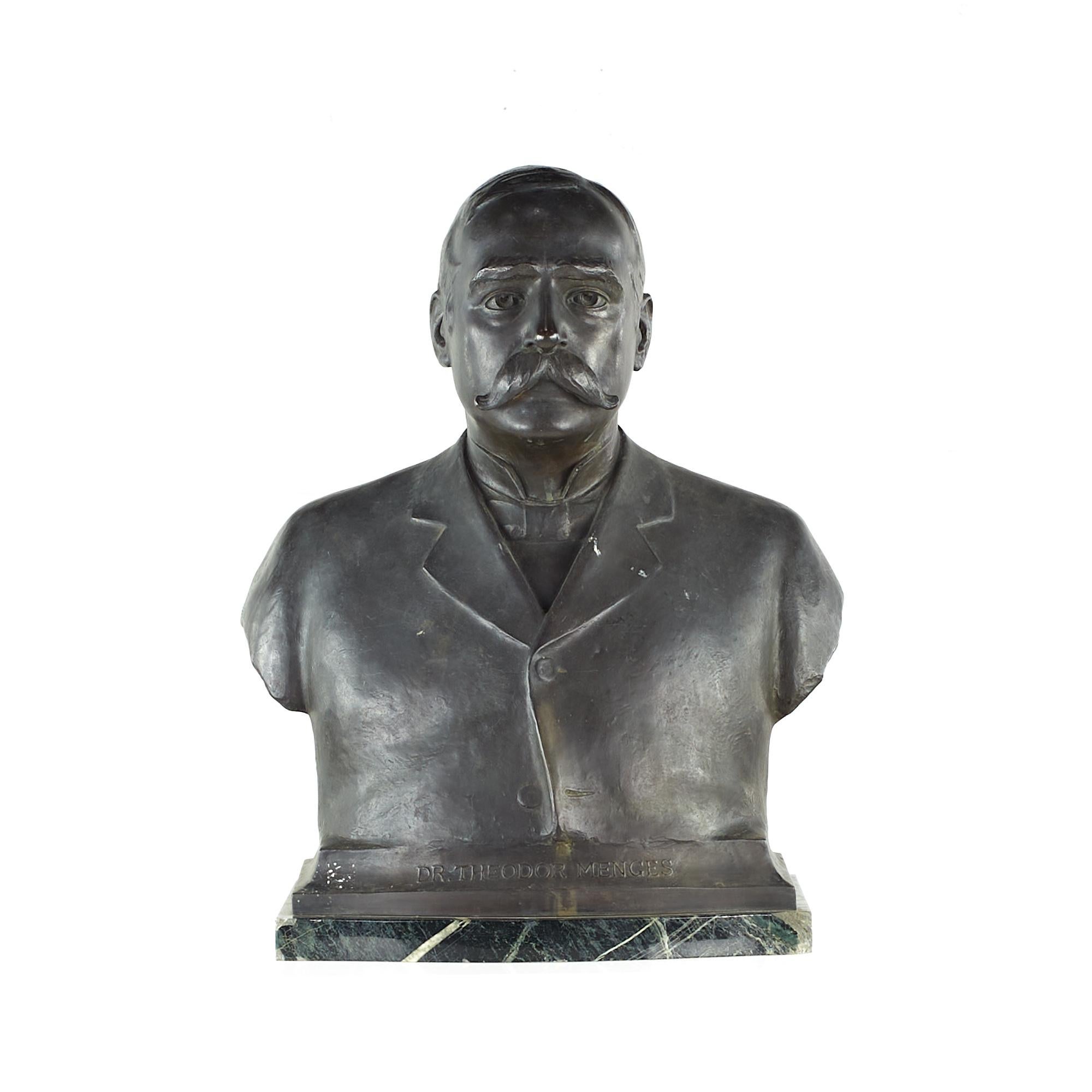 Richard Walter Bock Bronze Bust of Theodor Menges Sculpture on Marble Base

This sculpture measures: 20.75 wide x 13 deep x 26 inches high
This bust is in Good Vintage Condition with some minor scuffs on the bust and minor chips in the marble.

We