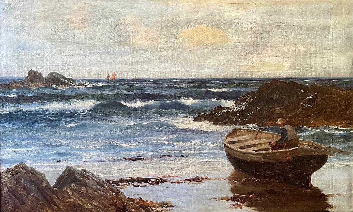 Victorian Richard Wane (1852-1904) Seascape Oil Painting, “Waiting for the Tide”. For Sale