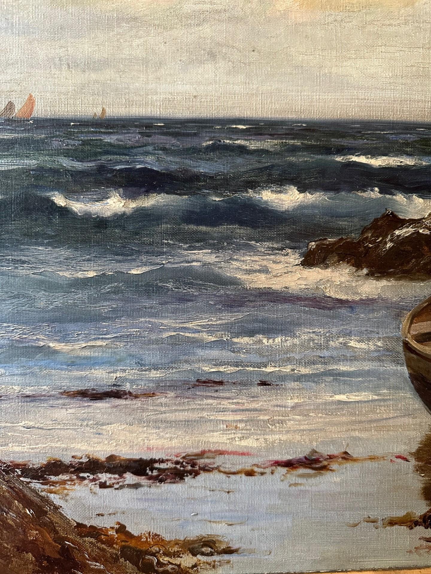 Hand-Painted Richard Wane (1852-1904) Seascape Oil Painting, “Waiting for the Tide”. For Sale