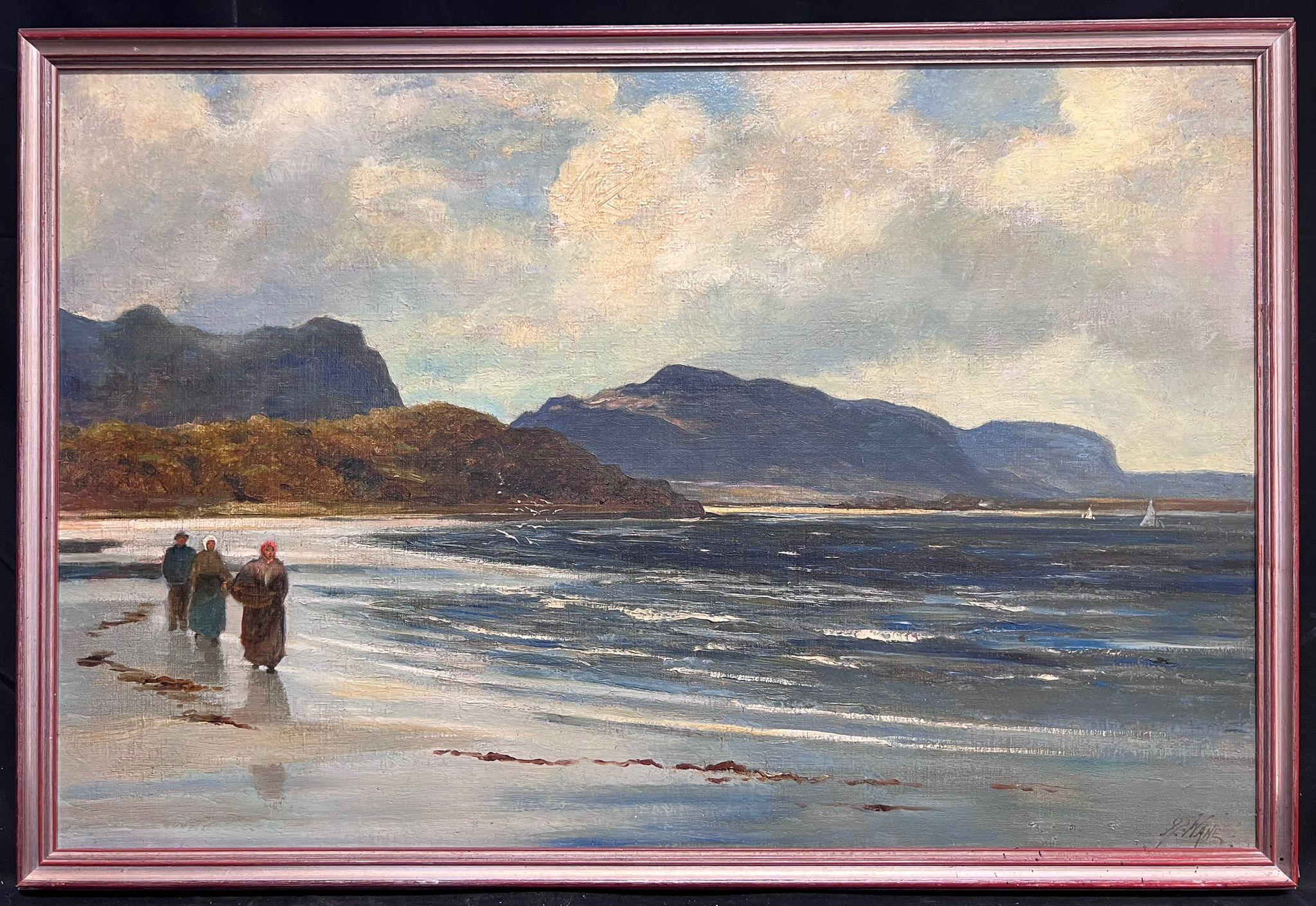 Pintura al óleo antigua Pescadores junto al mar Costa rocosa Paisaje marino Escocia - Painting de RICHARD WANE (1852-1904)