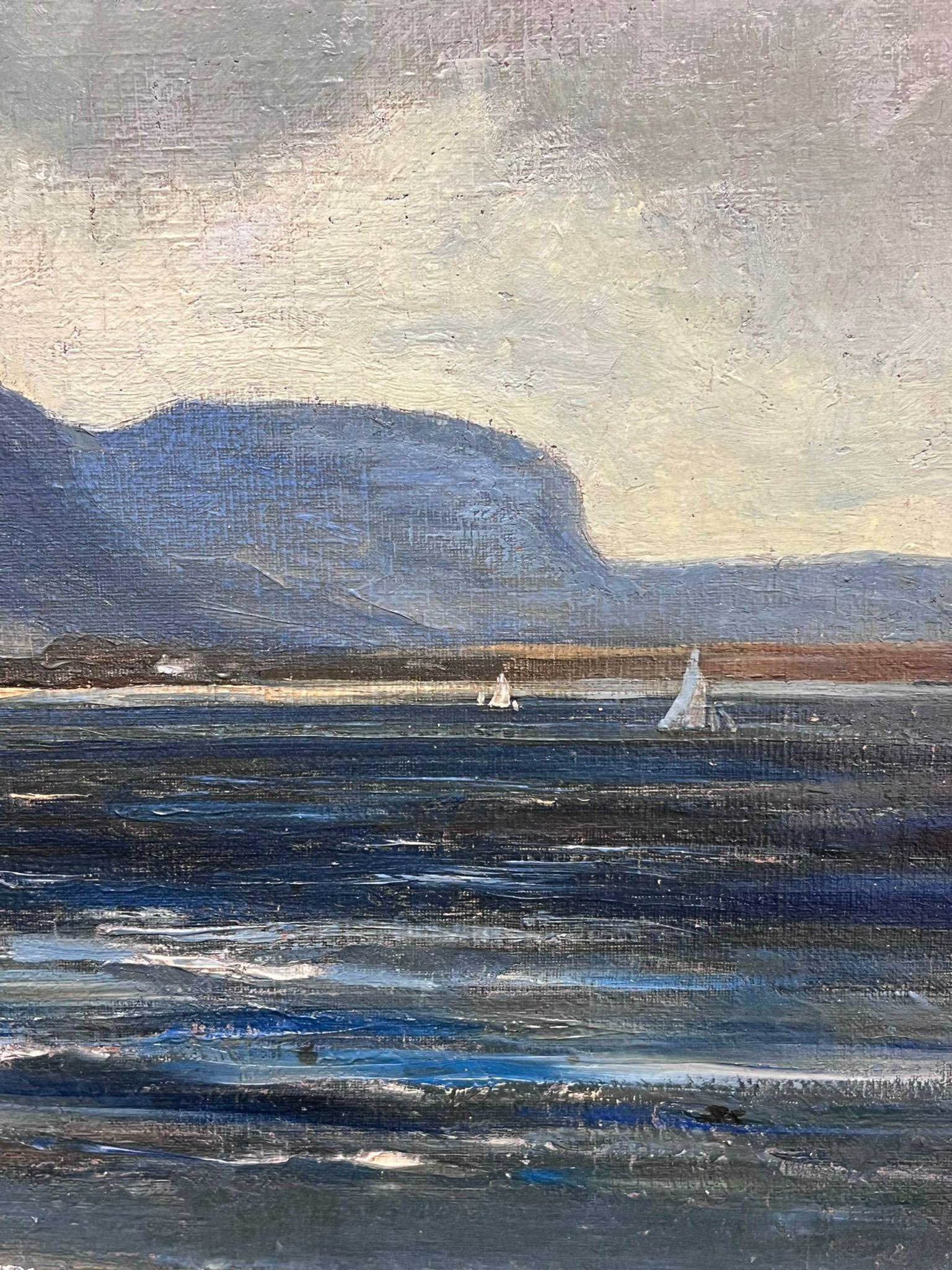 Pintura al óleo antigua Pescadores junto al mar Costa rocosa Paisaje marino Escocia - Figurative Painting Gris de RICHARD WANE (1852-1904)
