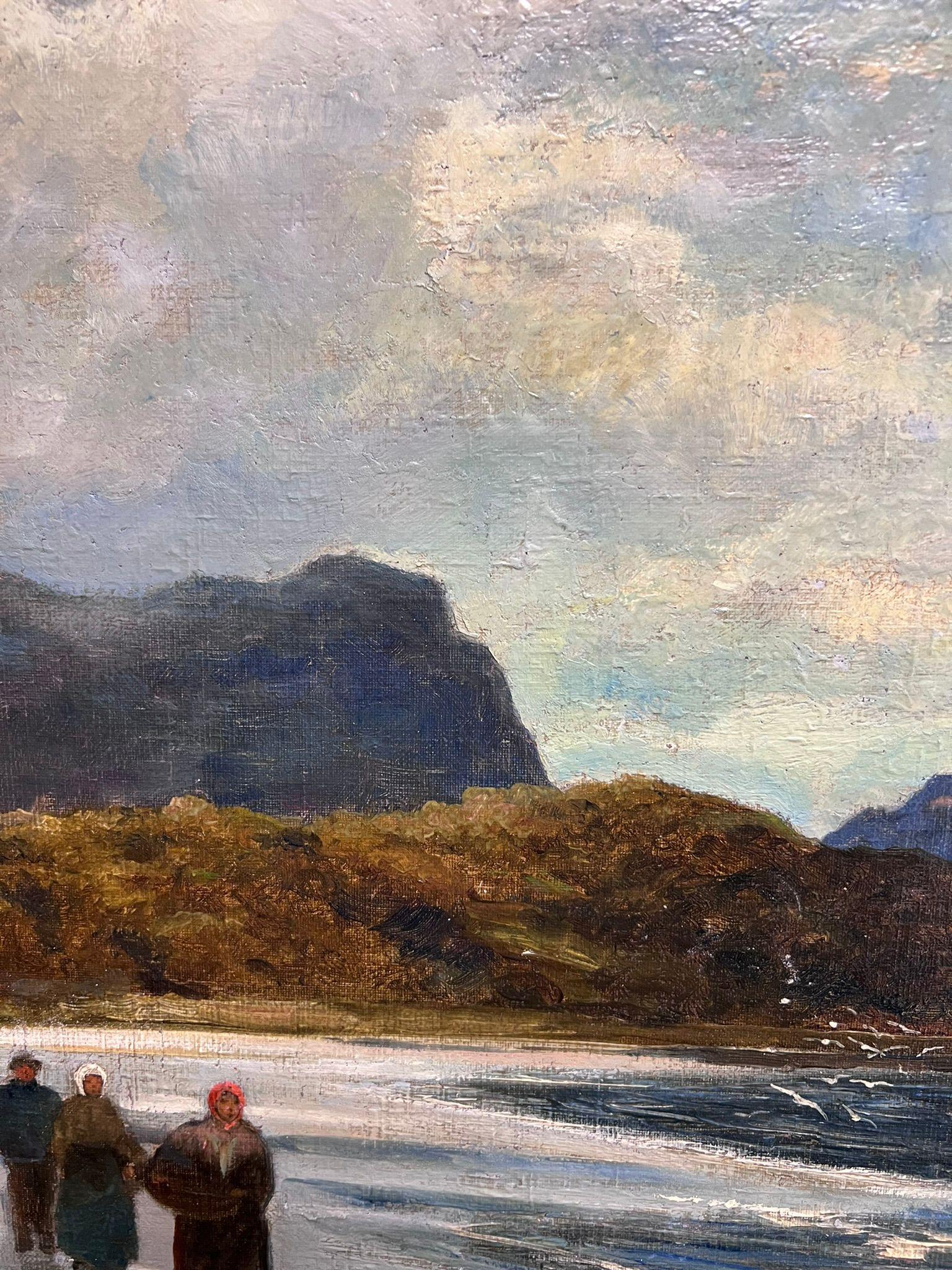 Pintura al óleo antigua Pescadores junto al mar Costa rocosa Paisaje marino Escocia 1