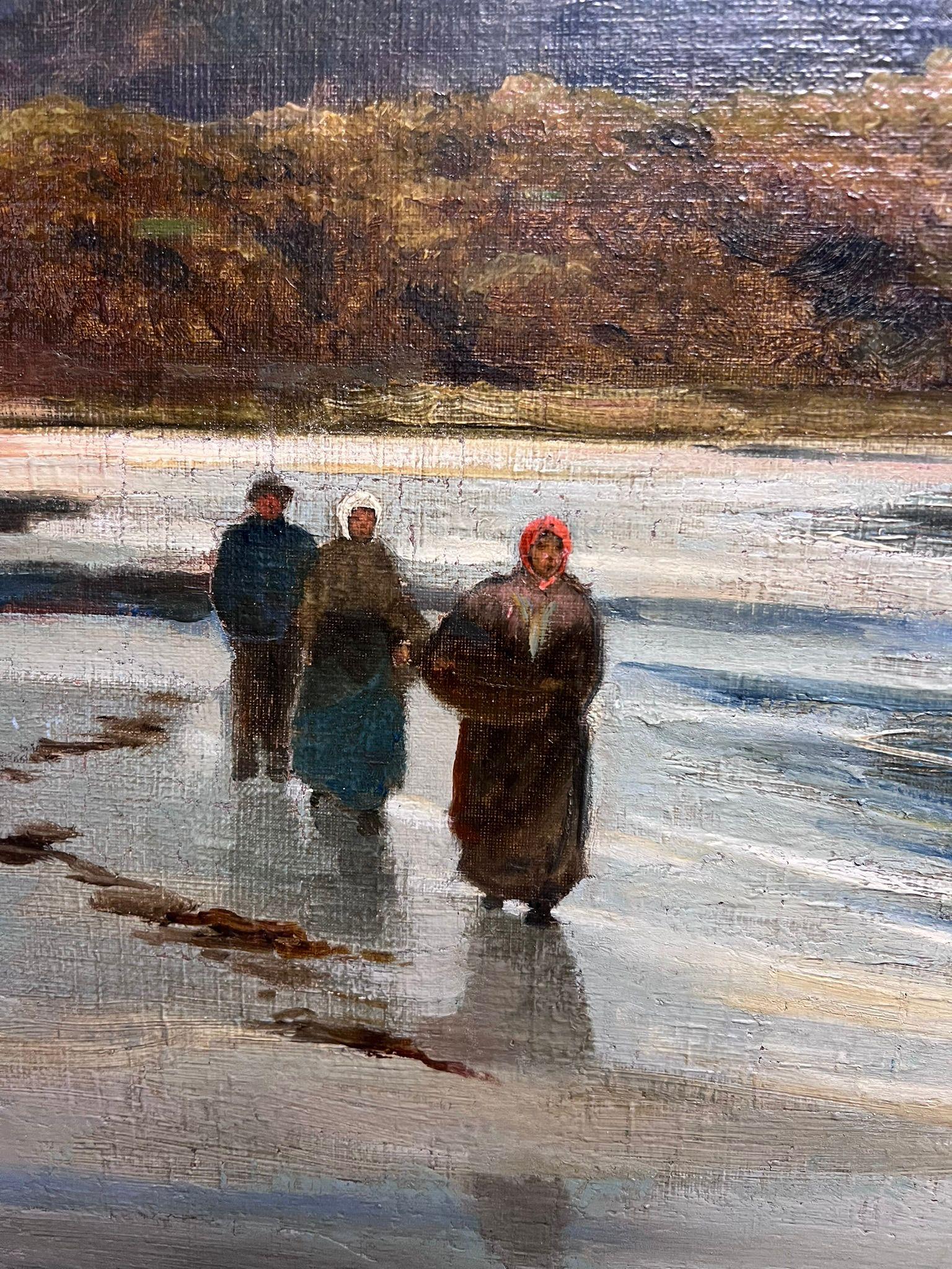 Pintura al óleo antigua Pescadores junto al mar Costa rocosa Paisaje marino Escocia 2