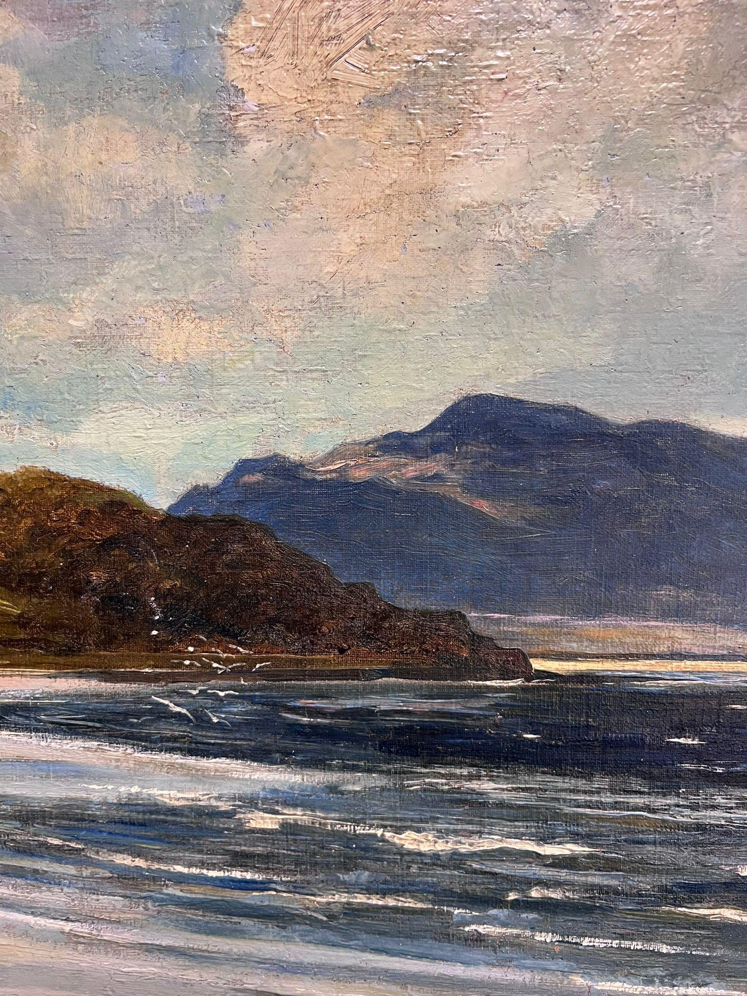 Pintura al óleo antigua Pescadores junto al mar Costa rocosa Paisaje marino Escocia 3