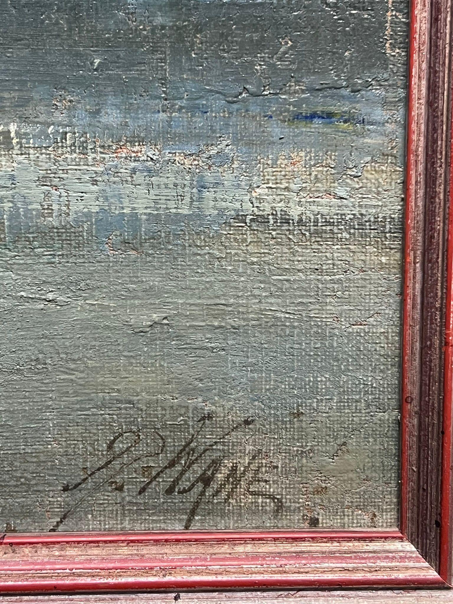 Pintura al óleo antigua Pescadores junto al mar Costa rocosa Paisaje marino Escocia 4