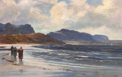 Pintura al óleo antigua Pescadores junto al mar Costa rocosa Paisaje marino Escocia