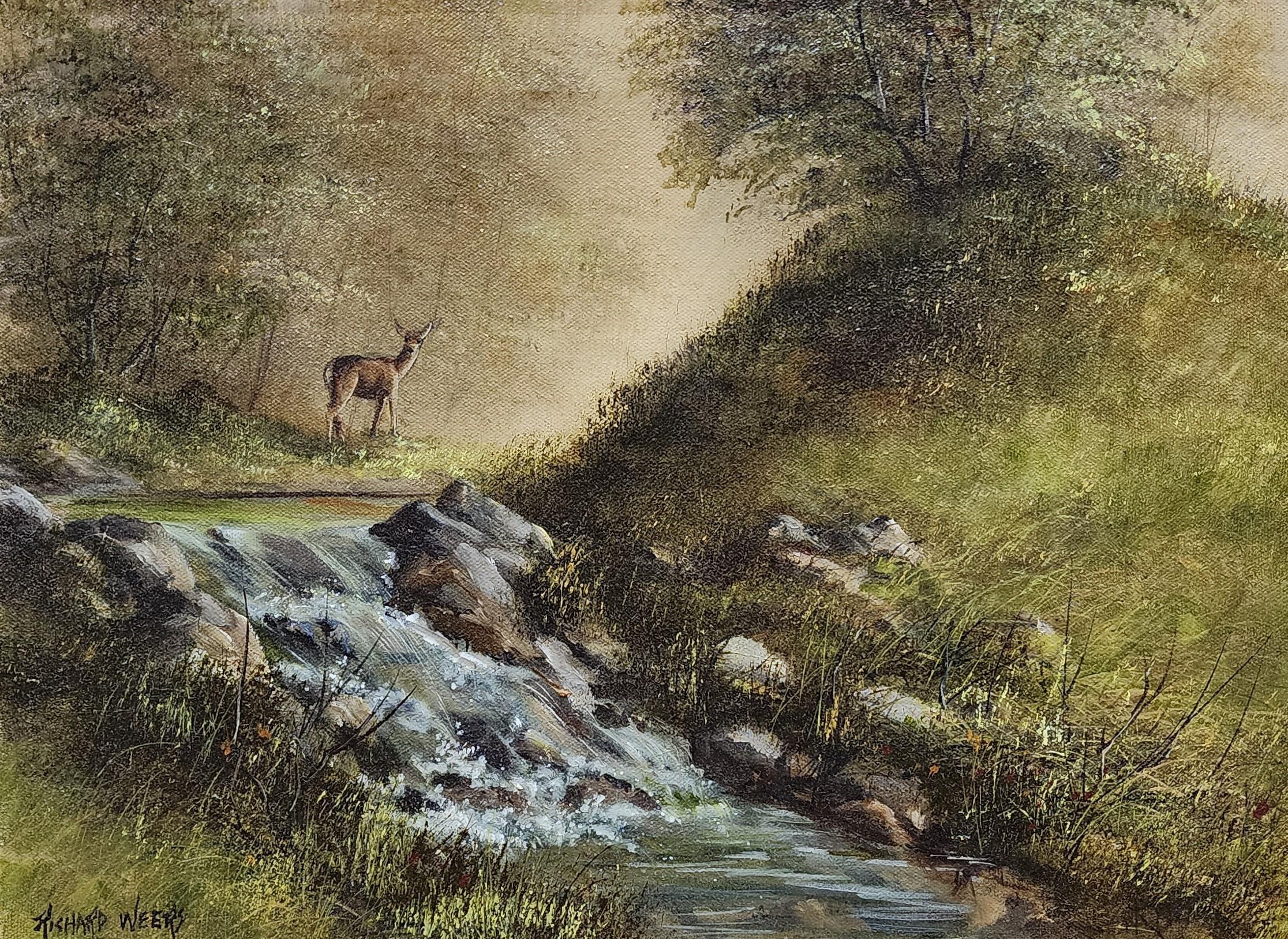 A Friend in the Forest, Landscape with Deer (Amerikanischer Realismus), Painting, von Richard Weers