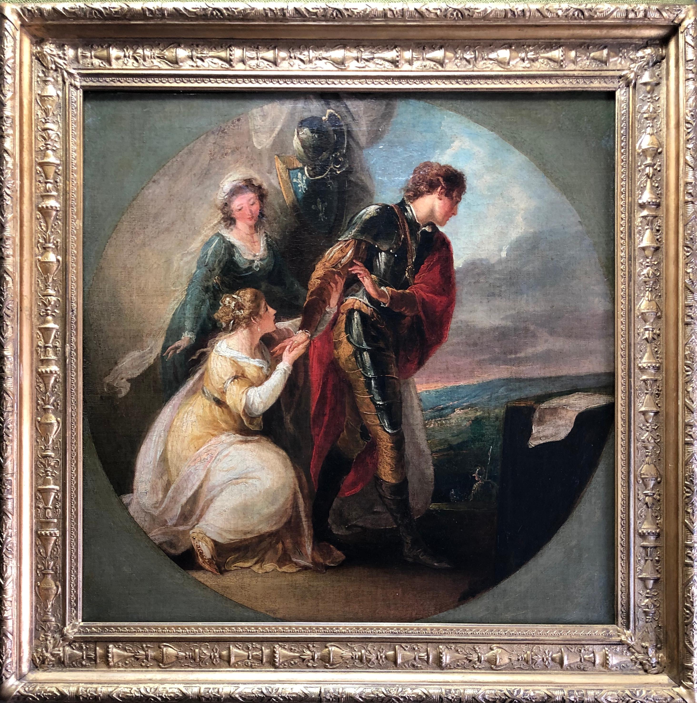 Fine Historical Oil on Canvas of a Knight in a Red Cloak and Two Maidens - Painting by Richard Westall