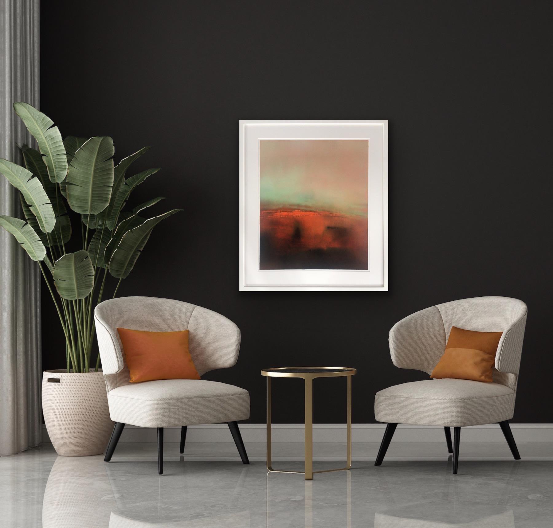 Evensong 3, peinture originale, encadrée Huile sur papier, paysage, abstrait, orange en vente 5