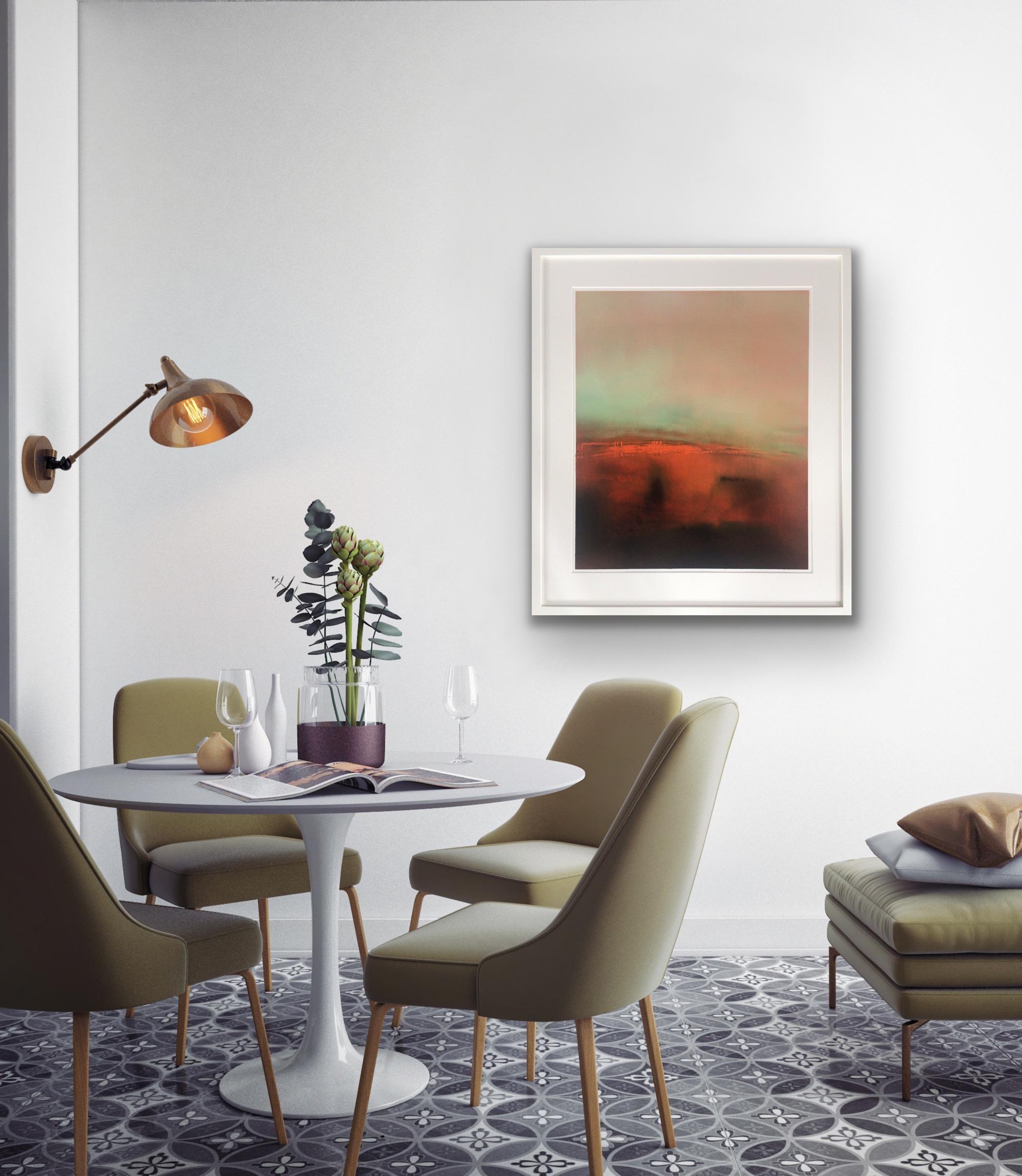 Evensong 3, peinture originale, encadrée Huile sur papier, paysage, abstrait, orange en vente 8