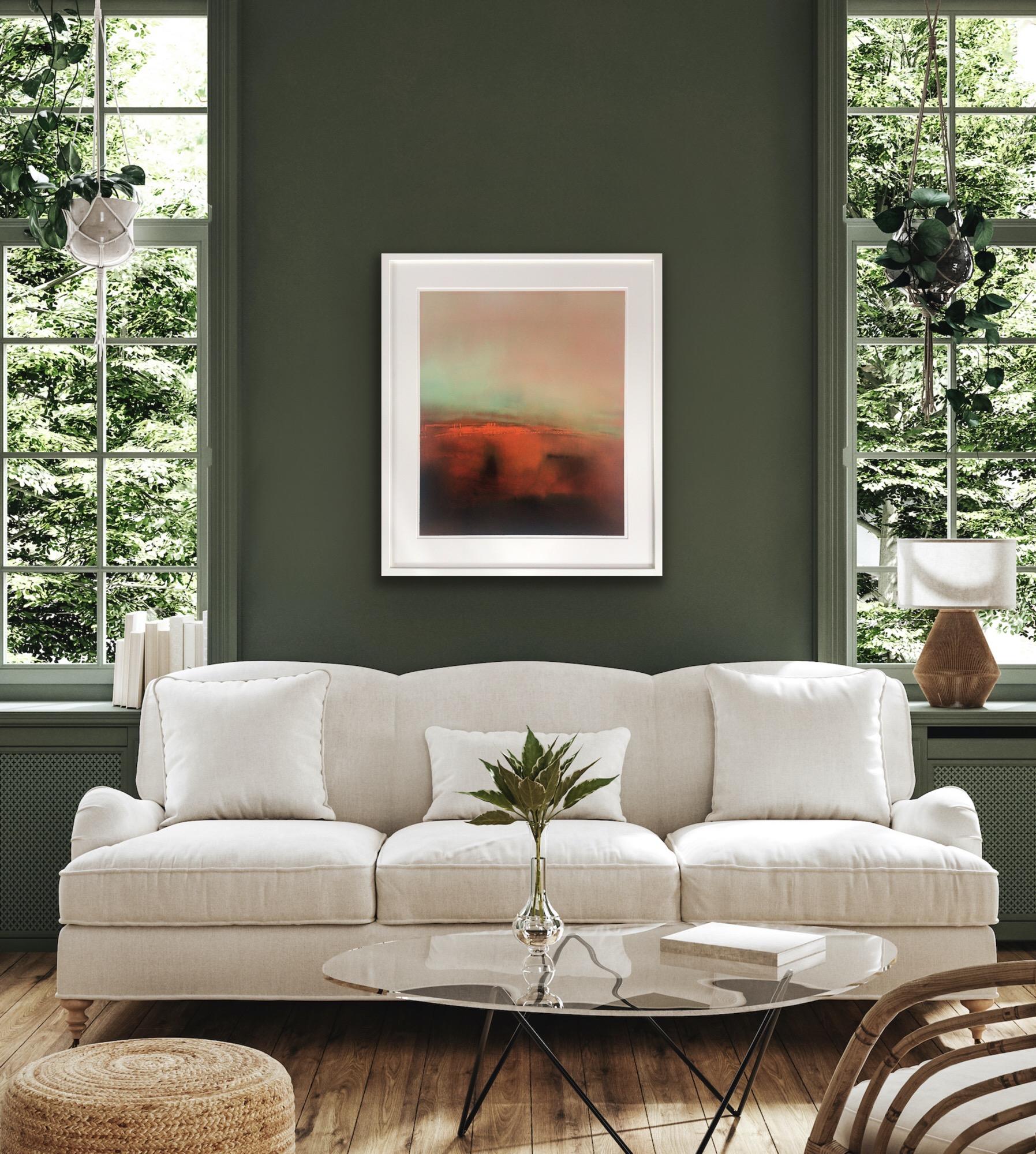 Evensong 3, peinture originale, encadrée Huile sur papier, paysage, abstrait, orange en vente 9