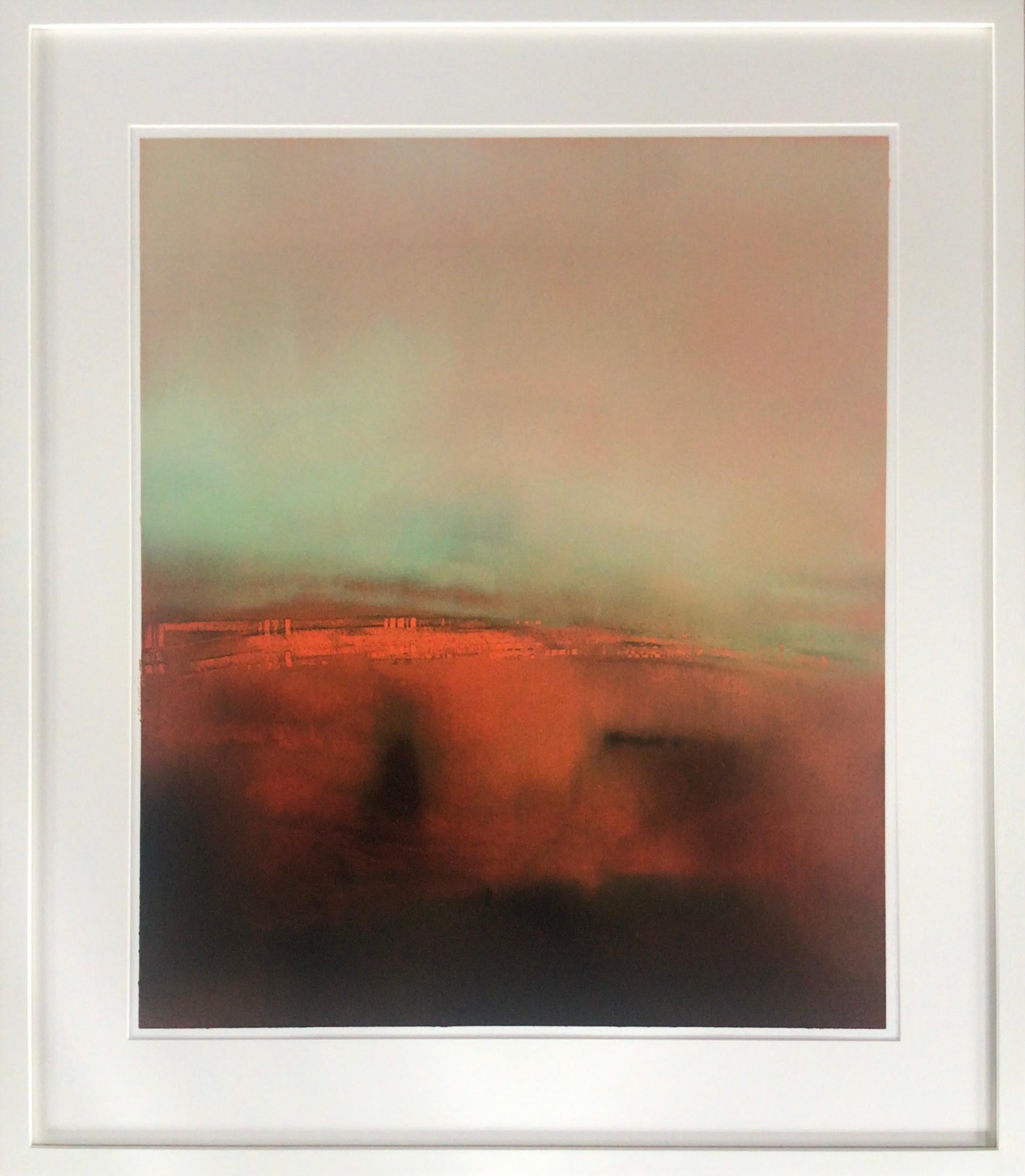 Evensong 3, Original painting, Framed Oil on paper, Landscape, Abstract, Orange - Painting by Richard Whadcock