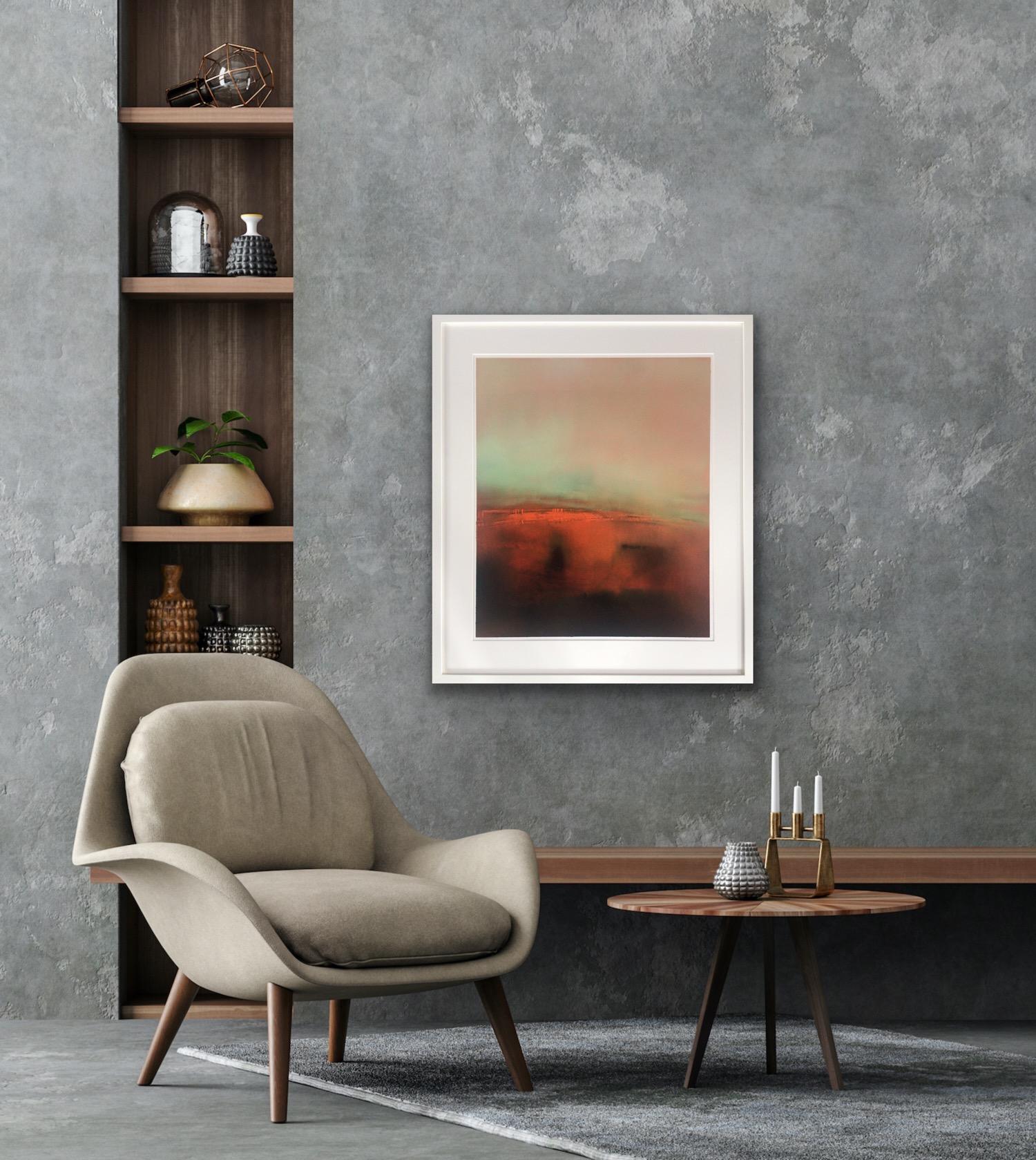 Evensong 3, peinture originale, encadrée Huile sur papier, paysage, abstrait, orange en vente 1