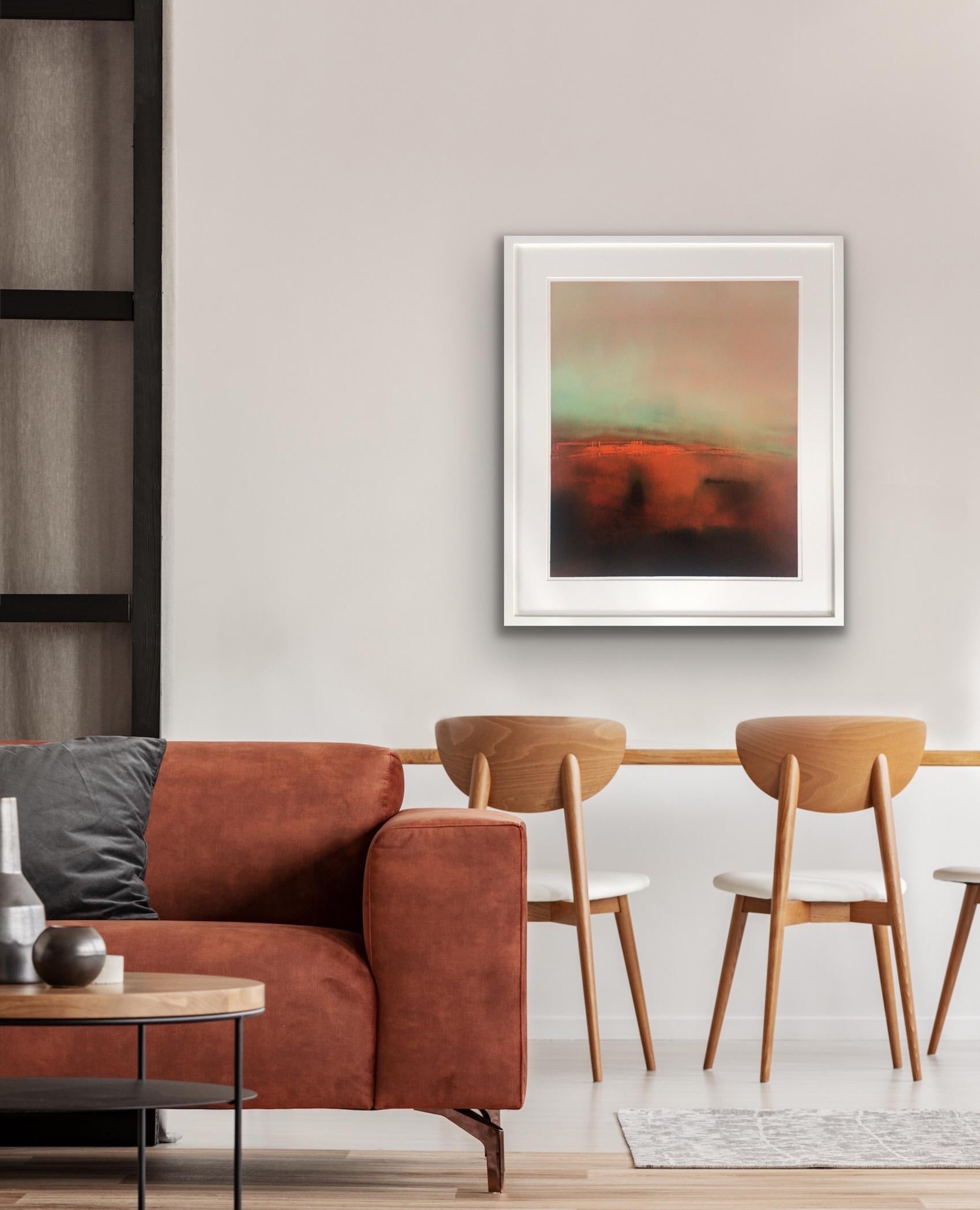 Evensong 3, peinture originale, encadrée Huile sur papier, paysage, abstrait, orange en vente 4
