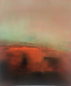 Evensong 3, peinture originale, encadrée Huile sur papier, paysage, abstrait, orange