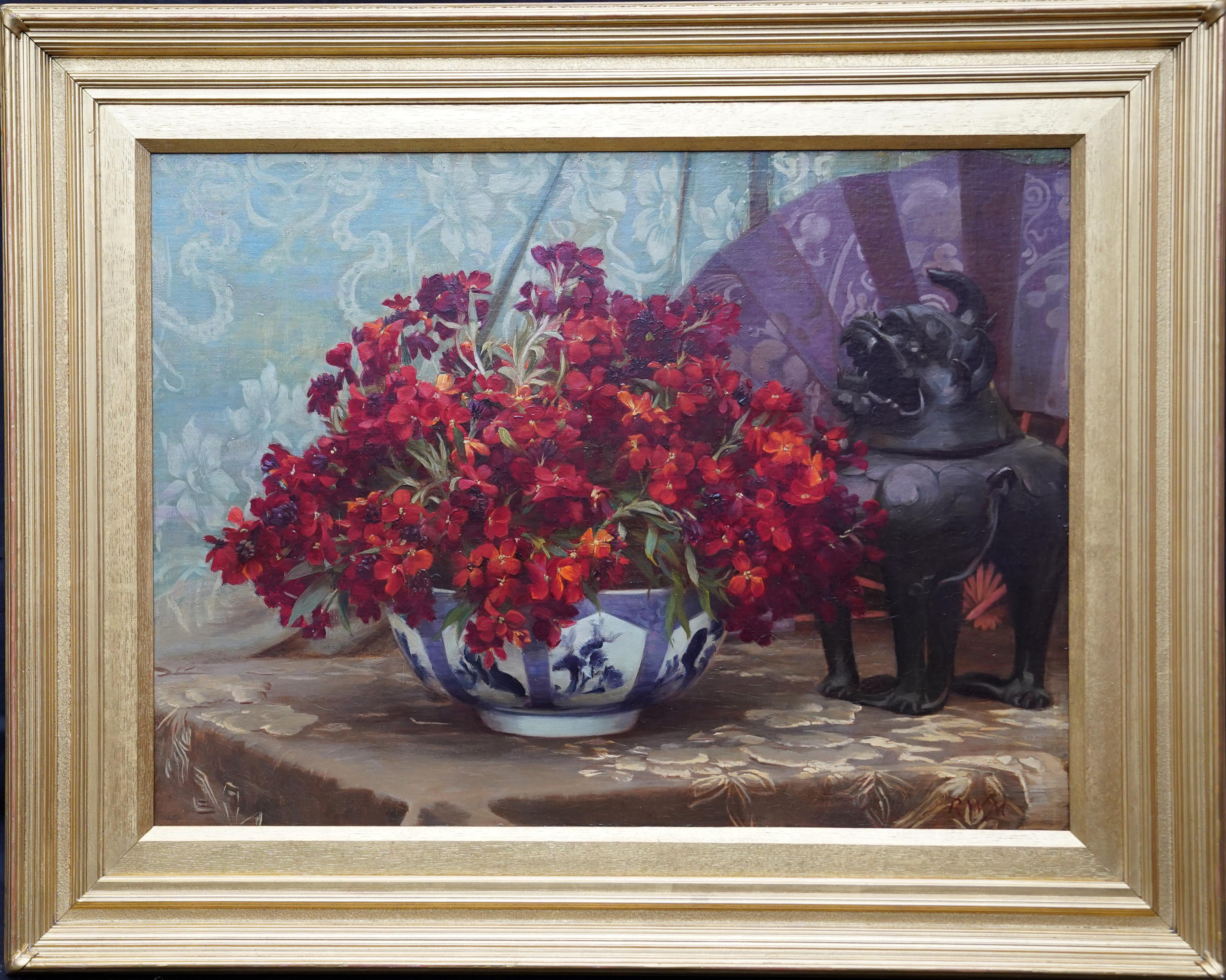 Still Life of Flowers with Chinese Antique - British 19thC art oil painting For Sale 7