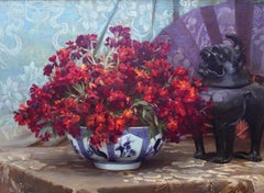 Still Life of Flowers with Chinese Antique - British 19thC art oil painting