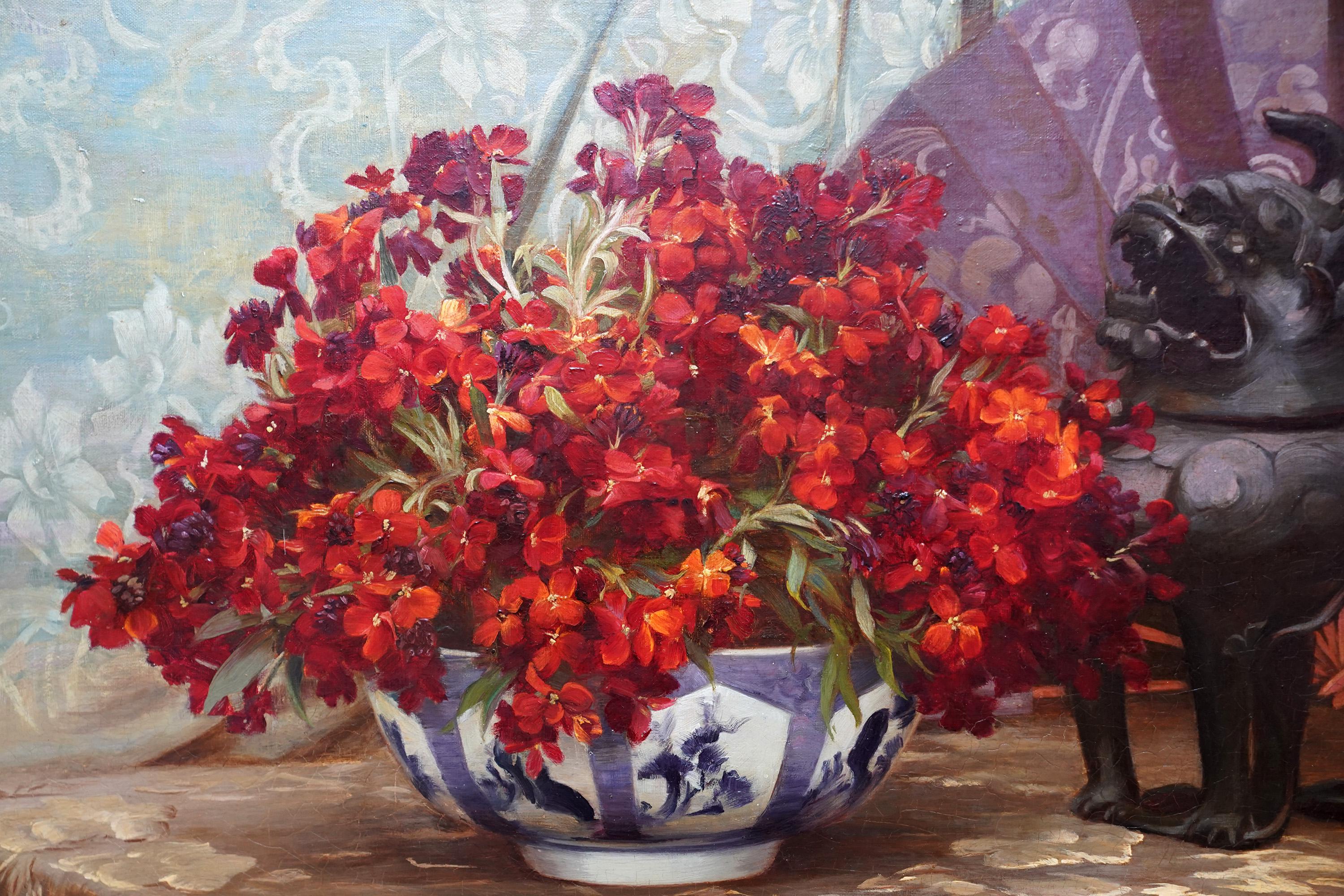 Still Life of Flowers with Chinese Antique - British 19thC art oil painting - Realist Painting by Richard Willies Maddox