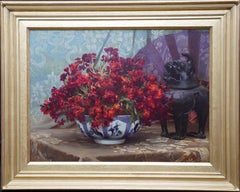 Still Life of Flowers with Chinese Antique - British 19thC art oil painting