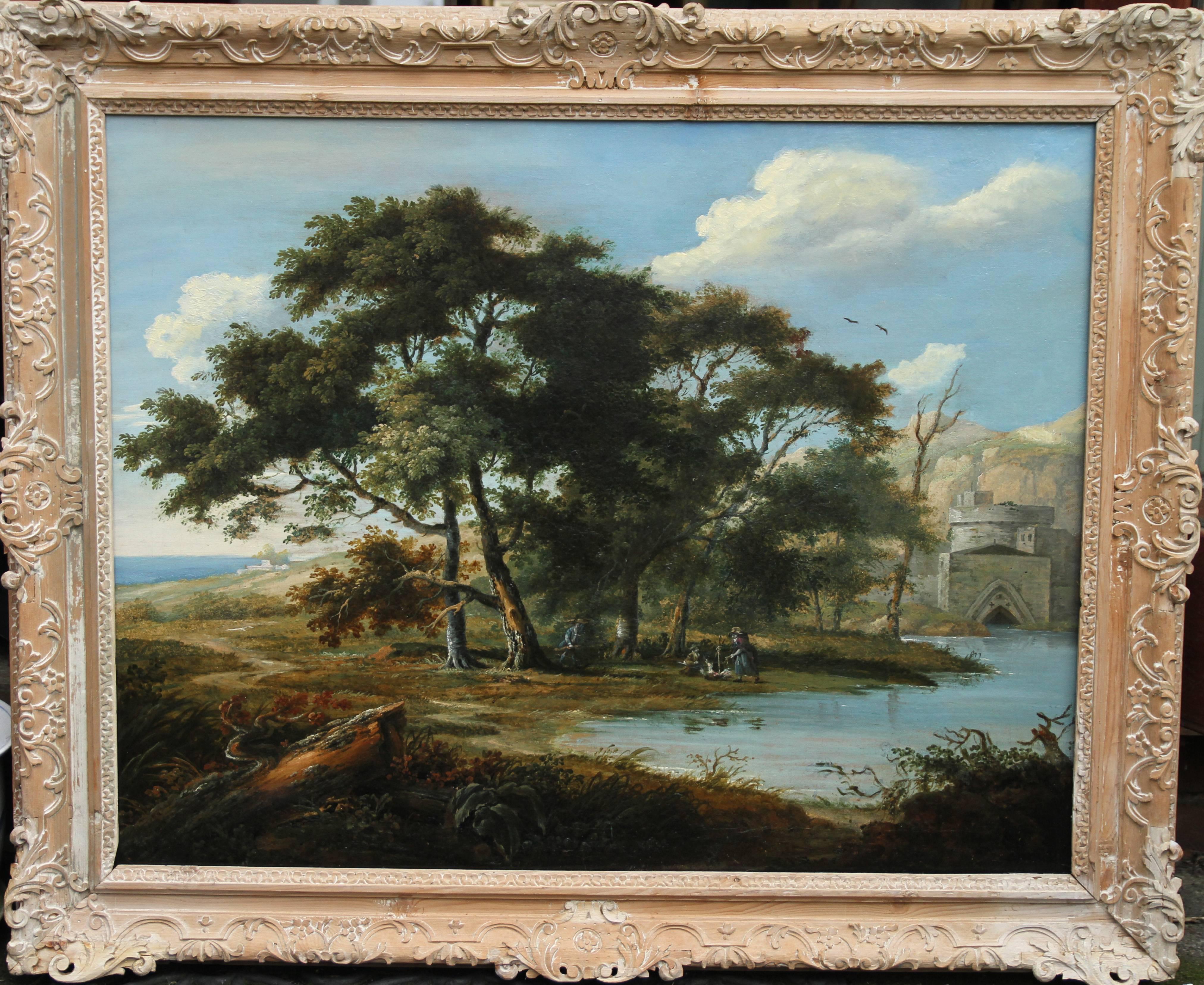 Richard Wilson (circle) Landscape Painting - Italian Capriccio - Old Master British oil painting landscape trees travellers 