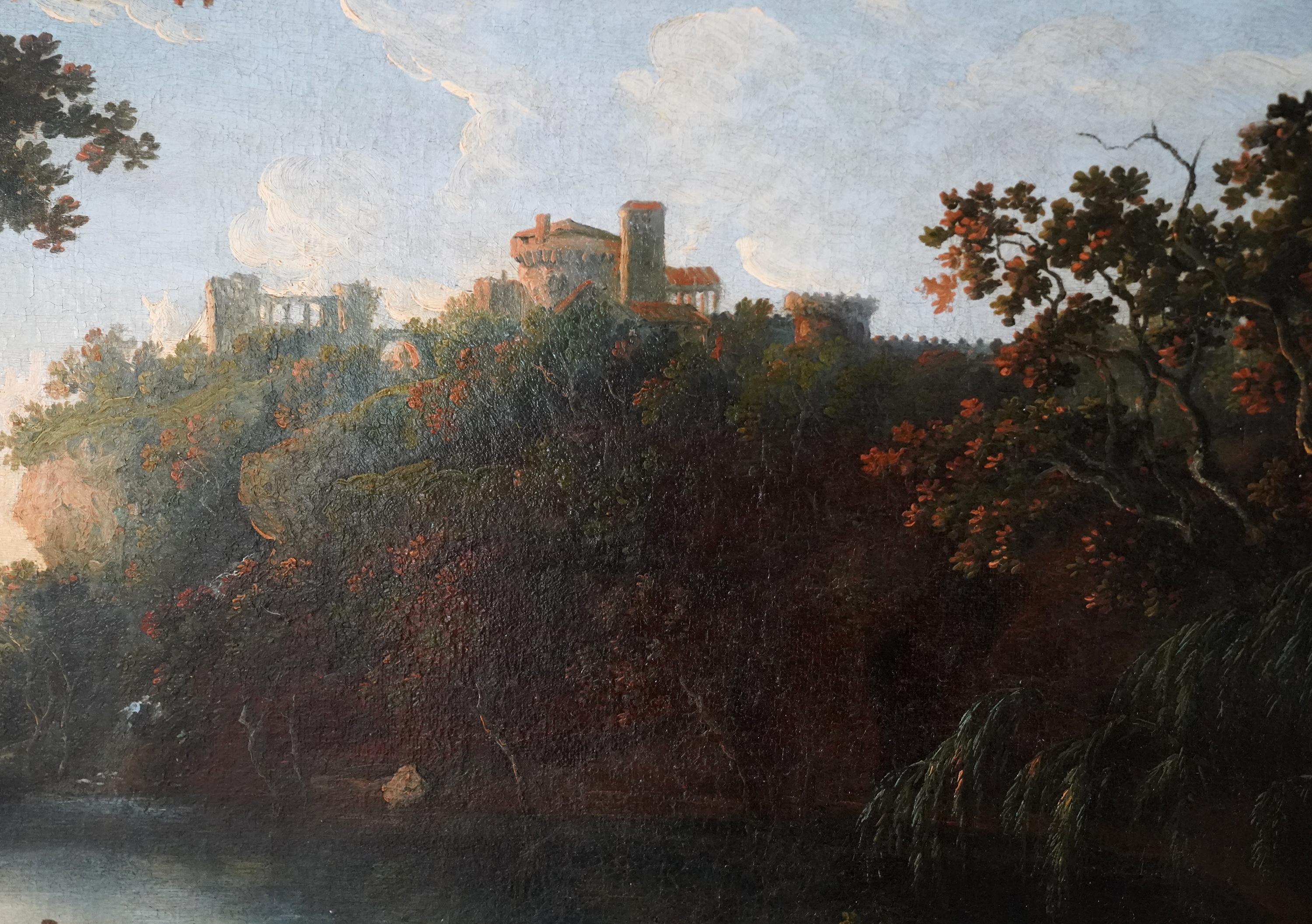 Cette charmante peinture à l'huile de paysage du XVIIIe siècle britannique est attribuée au cercle de Richard Wilson. Peint vers 1770, il s'agit d'un paysage de Capriccio Tivoli avec des personnages au bord d'un lac et des ruines de château sur une