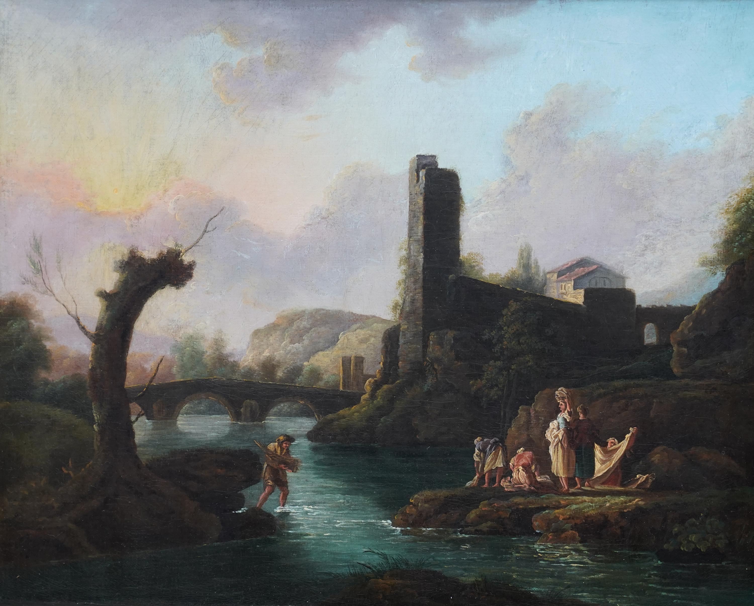 Figures dans un paysage fluvial - peinture à l'huile figurative de maître ancien britannique en vente 6