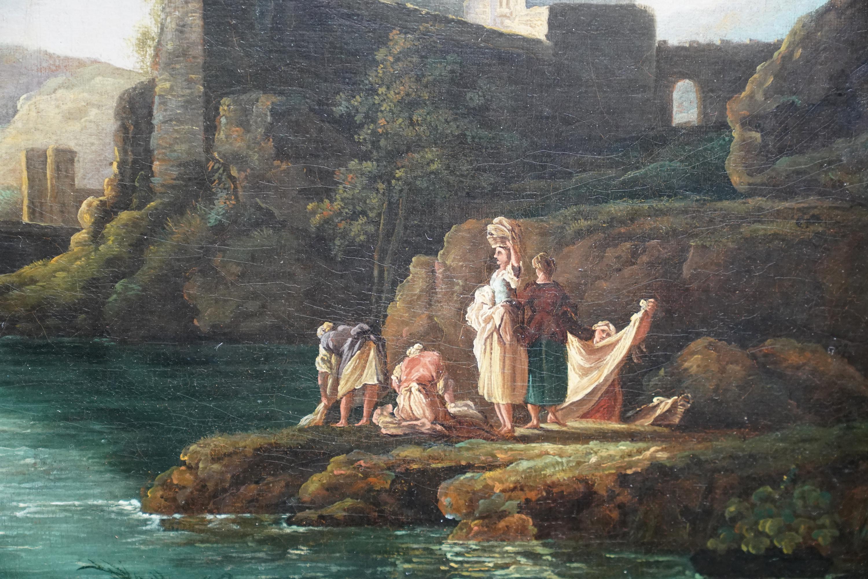 Figures dans un paysage fluvial - peinture à l'huile figurative de maître ancien britannique - Marron Landscape Painting par Richard Wilson
